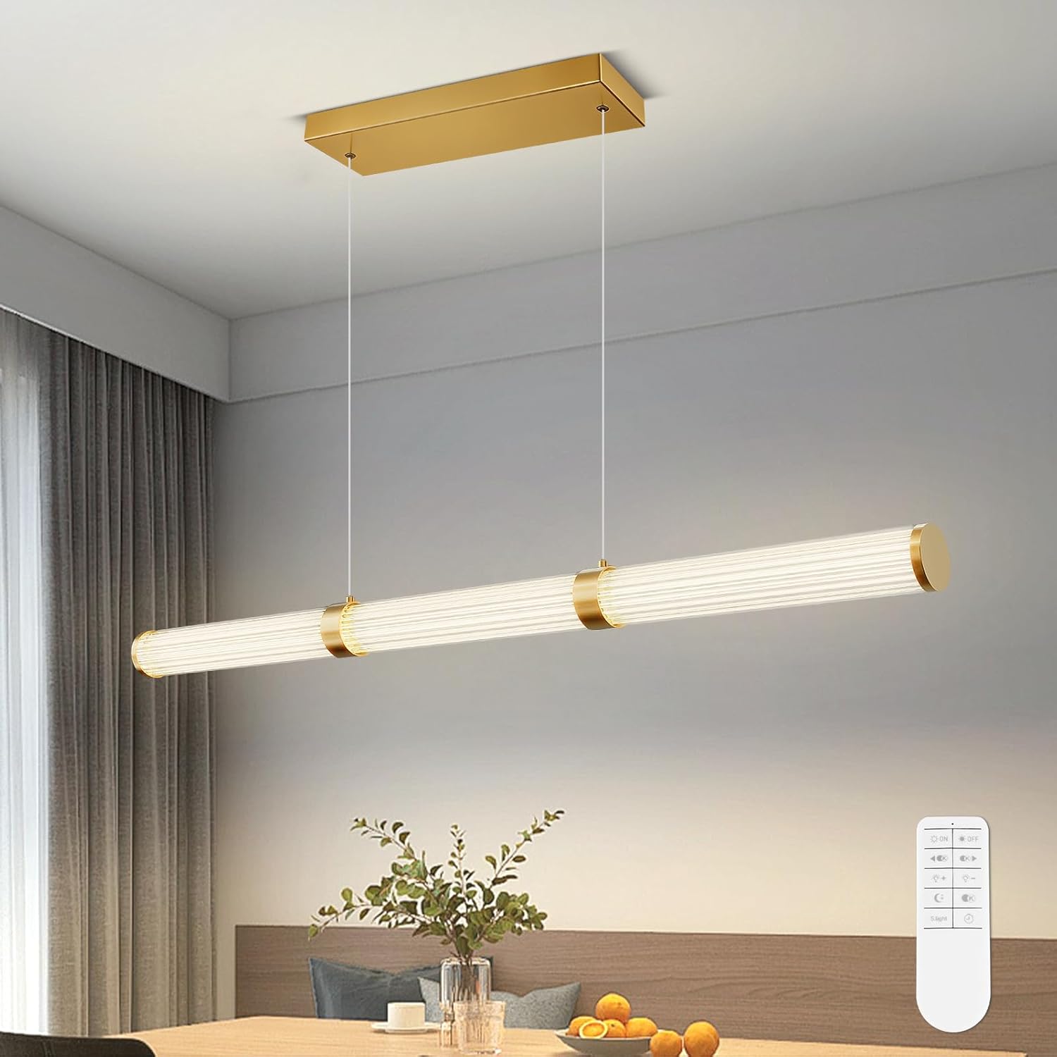 Modern Linear Chandelier Gold Linear Pendant Light Fixture, LED Dimmable Island Chandelier for Kitchen Island Lighting, Dining Room, and Living Room, Over Table Easy to Install.