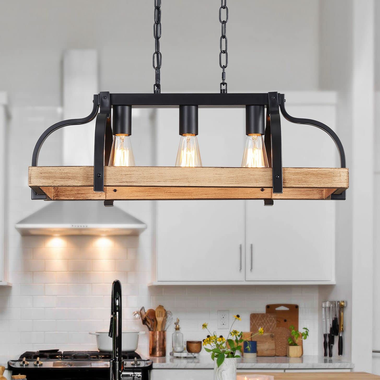 WUZUPS 5-Light Metal Chandelier Imitation Wood Grain Linear Pendant Ceiling Lighting Rustic Farmhouse Fixture Kitchen Island Dining Room, H 8.5" L 31.5" W10, E26 Base, Black & Retro Wood