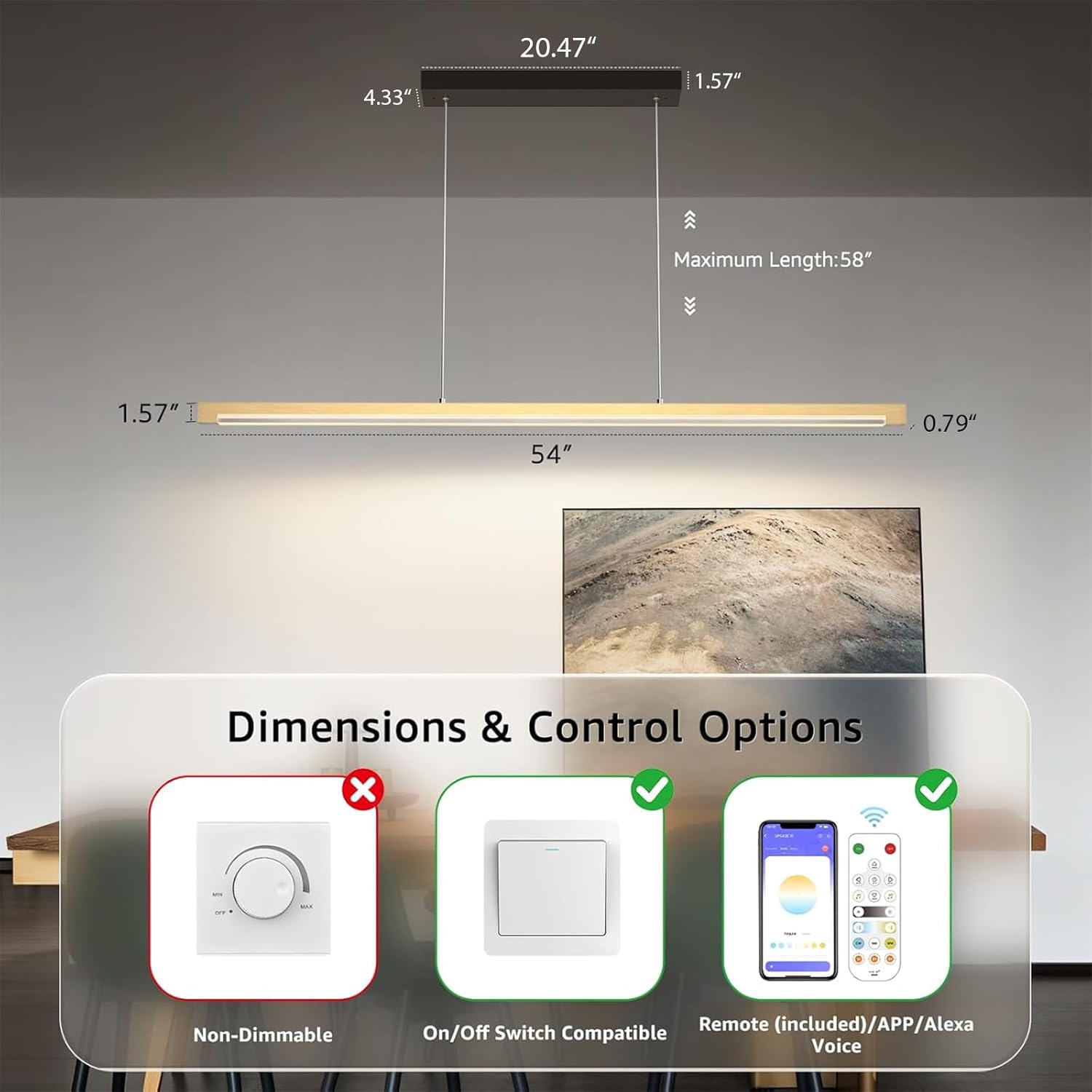 54" Linear Pendant Light Aluminum, 40W Gold Dimmable Kitchen Island Lighting with Remote & App Control, Adjustable CCT (3000K-6000K), Modern Chandelier for Home Office Dining Room Study