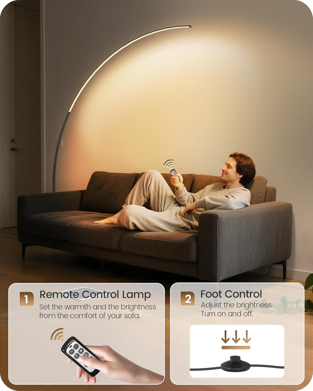 75" Dimmable LED Arc Floor Lamp | 3 Colors, Remote & Foot Control