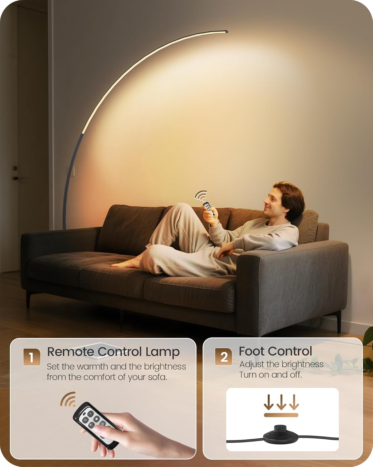 75" Dimmable LED Arc Floor Lamp | 3 Colors, Remote & Foot Control