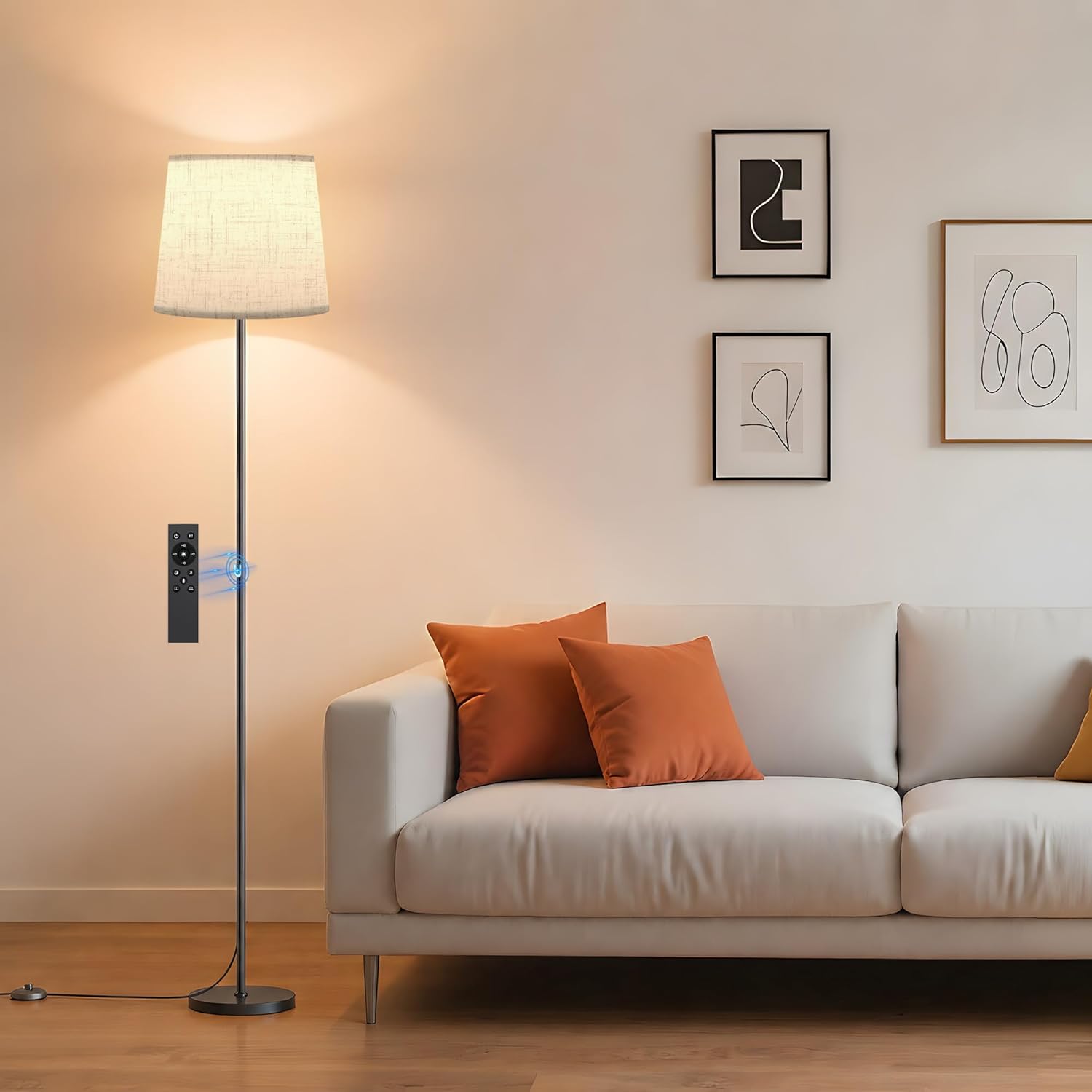 SIBRILLE Floor Lamp with Linen Shade - 62" Dimmable LED Standing Lamp with Remote Control, 9W E26 Bulb Included, 3000-6000K, Modern Floor Reading Light for Bedroom Living Room Office Corner, Black