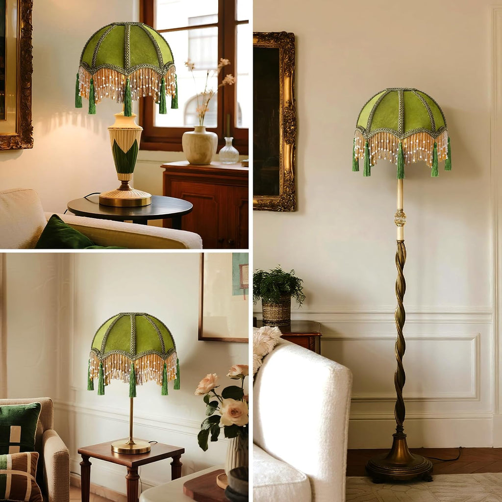 11.8 Inch vintage Lampshade With Olive Green Velvet Tassel, Victorian Fringe Lamp Shade with Beads,Handmade Scallop Bell-Shaped Replacement Shade,E26/E27 bulb base for Table Lamp & Floor Lamp(1 Pack)