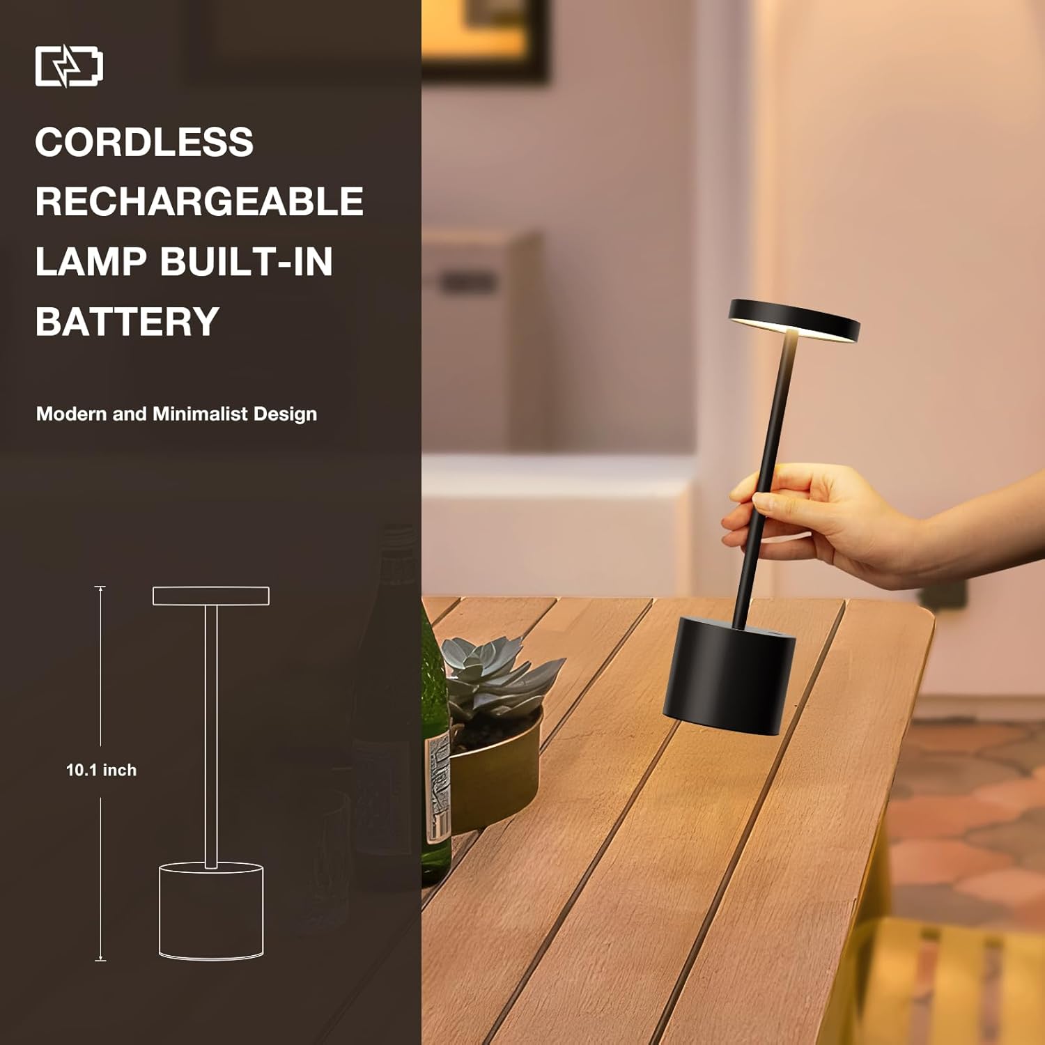 Black Cordless Table Lamp, 4000mAh Rechargeable Battery Powered Lamps, 3 Color Stepless Dimming, LED Wireless Outdoor Lamps for Dining Room, Bedroom, Bar, Cafe, Restaurant, Patio, Camping, Set of 2