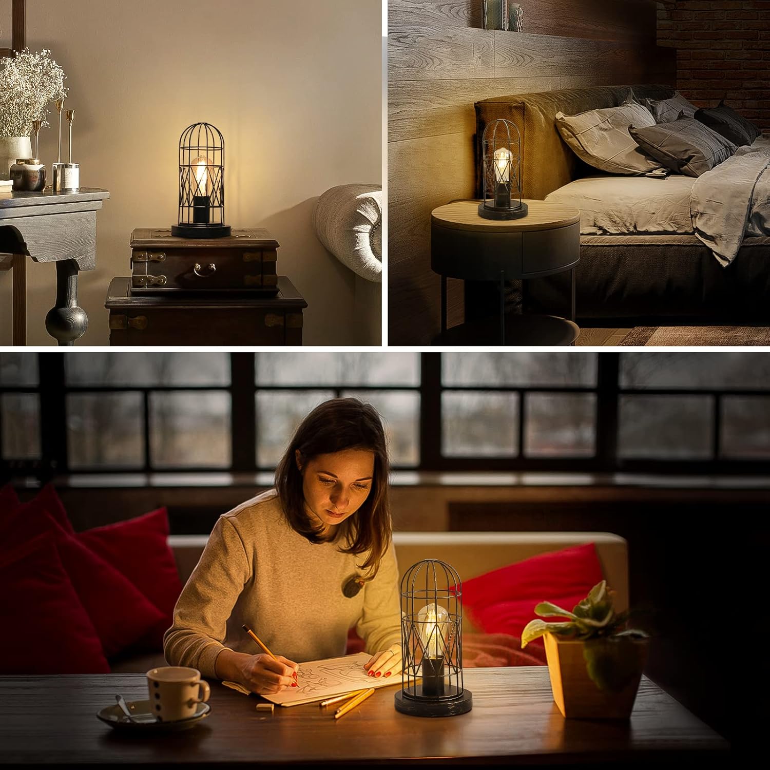 Industrial Table Lamp, Small Touch Lamp with Rustic Cage Vintage Bedside Lamp 3 Way Dimmable Nightstand Lamp Edison Desk Lamp for Bedroom, Living Room, Hallway, Entryway, Kitchen, 4W LED Bulb Included