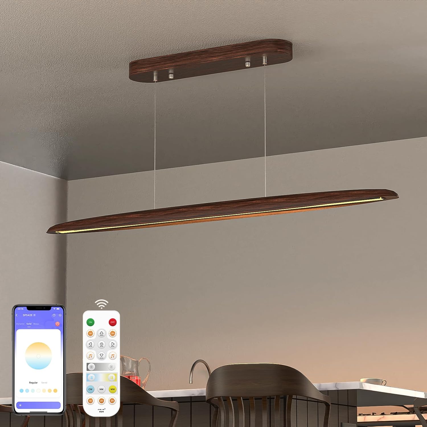 44" Wood Linear Pendant Light, LED Dimmable Island Lights for Kitchen with Remote & APP Control, 30W Adjustable CCT (3000K-6000K) for Dining Room Kitchen Island Bar