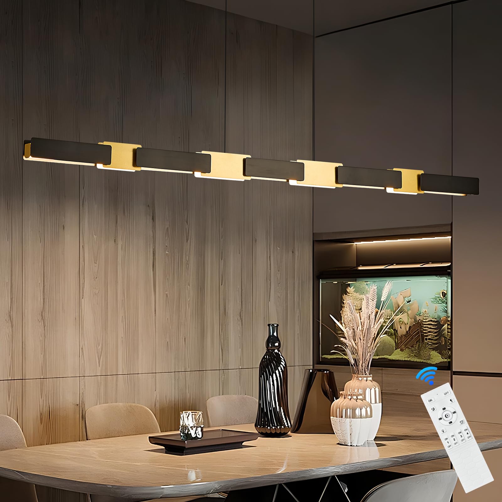 Modern LED Linear Pendant Lights 52 inch LED Chandelier Lighting for Home Office Black and Wood Dining Room Hanging Light Fixture Modern Dimmable Kitchen Island Lighting