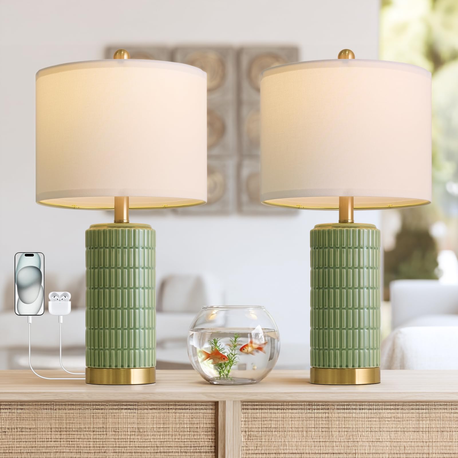 PoKat 20.75" Small Modern Ceramic Table Lamps Set of 2 for Bedroom, White Bedside Lamps for Night Stands, Farmhouse Desk Home Decor Gift Nightstand Table Lamps for Living Room End Table Beige