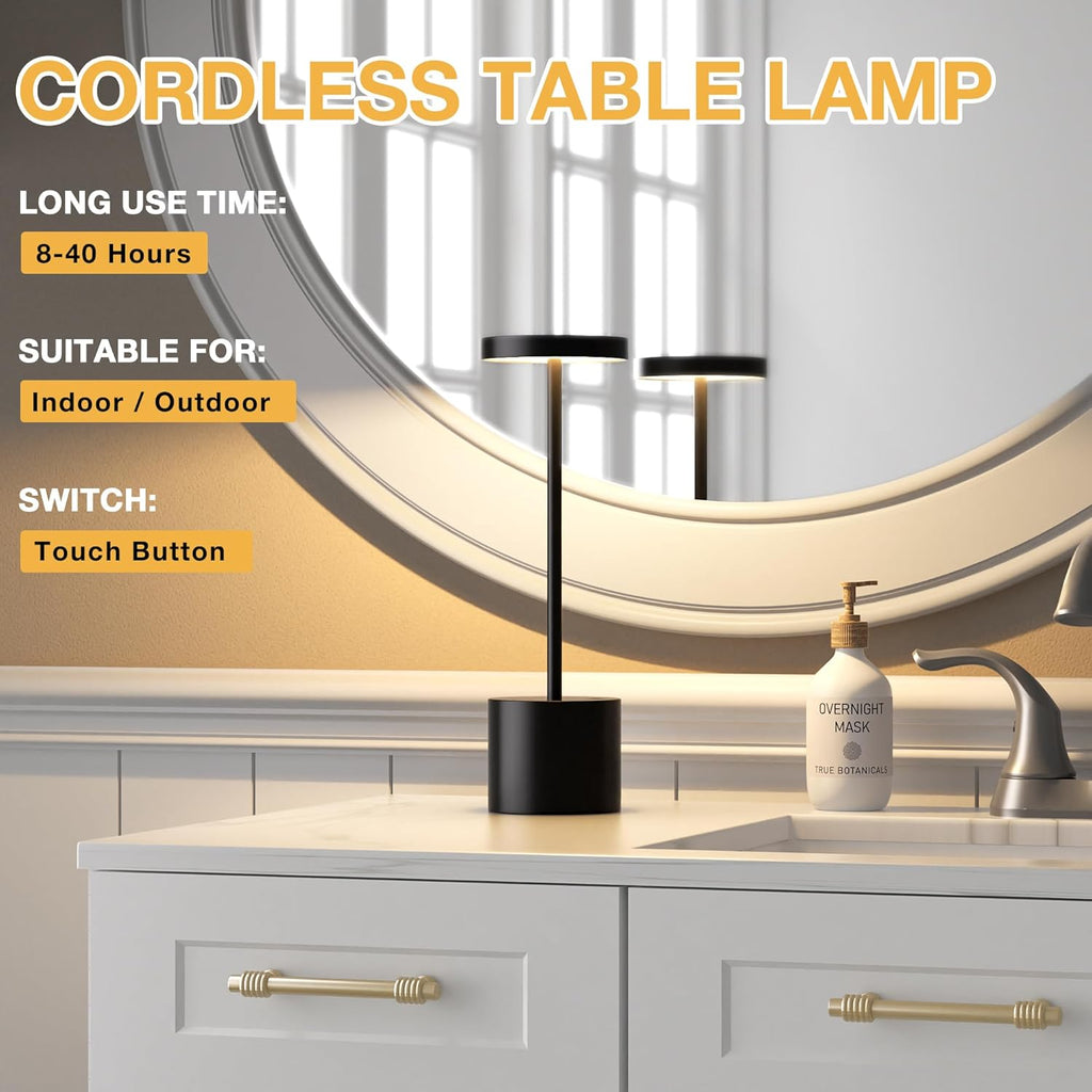 Black Cordless Table Lamp, 4000mAh Rechargeable Battery Powered Lamps, 3 Color Stepless Dimming, LED Wireless Outdoor Lamps for Dining Room, Bedroom, Bar, Cafe, Restaurant, Patio, Camping, Set of 2