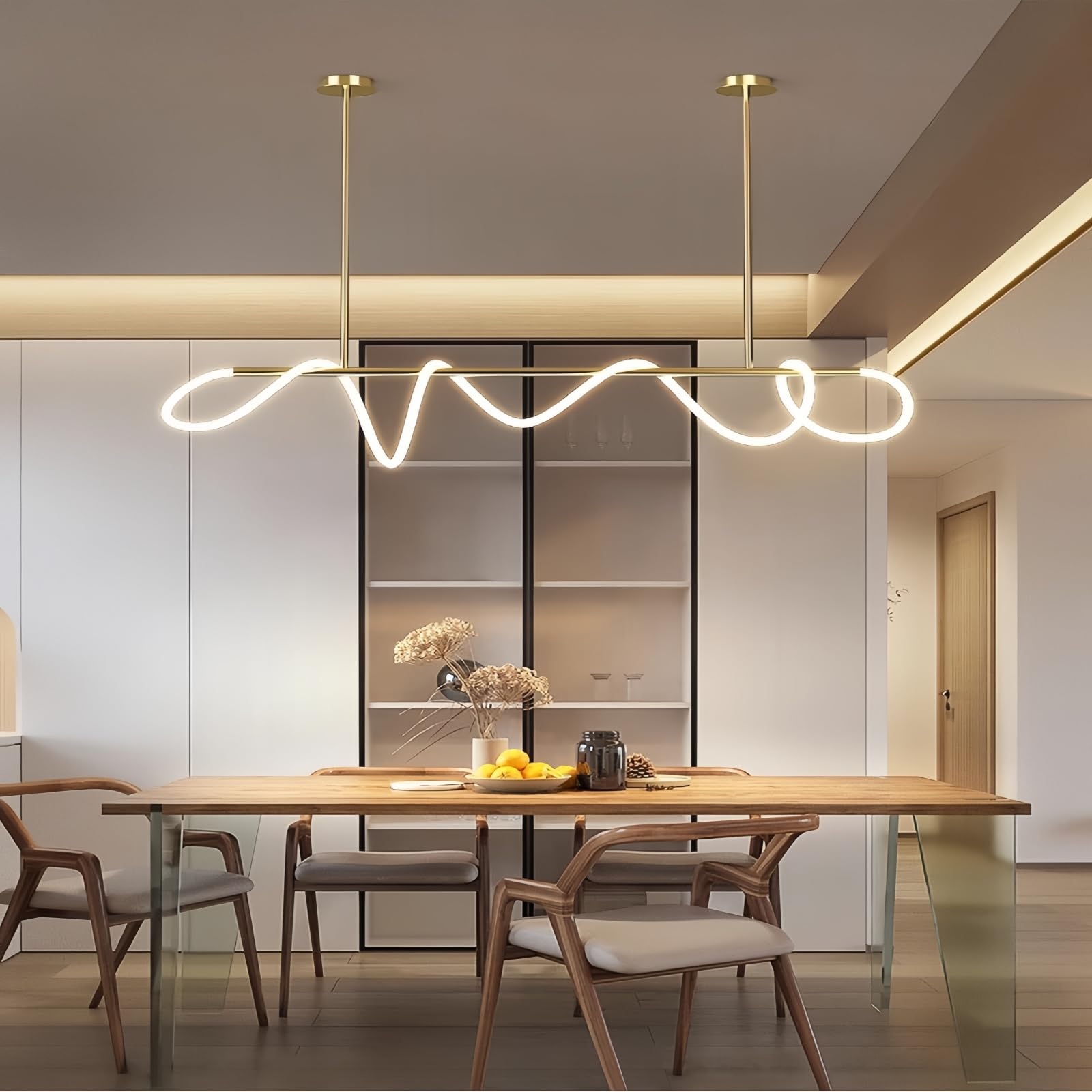Modern Dimmable Desk Linear Pendant Light, with Remote 3 Color Mode & Brightness Ring Chandelier, 47 in Dining Room Ceiling Lamp Fixture, Gold Restaurant Kitchen Long Hose Lamp