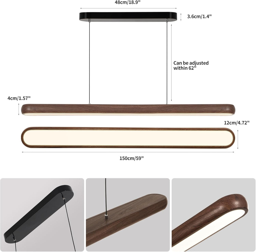 47" Wood Grain Pendant Lights Kitchen Island Lights LED Linear Hanging Light Modern Chandelier for Dining Room Table Dimmable with Remote Control & Memory Function Lighting Fixture