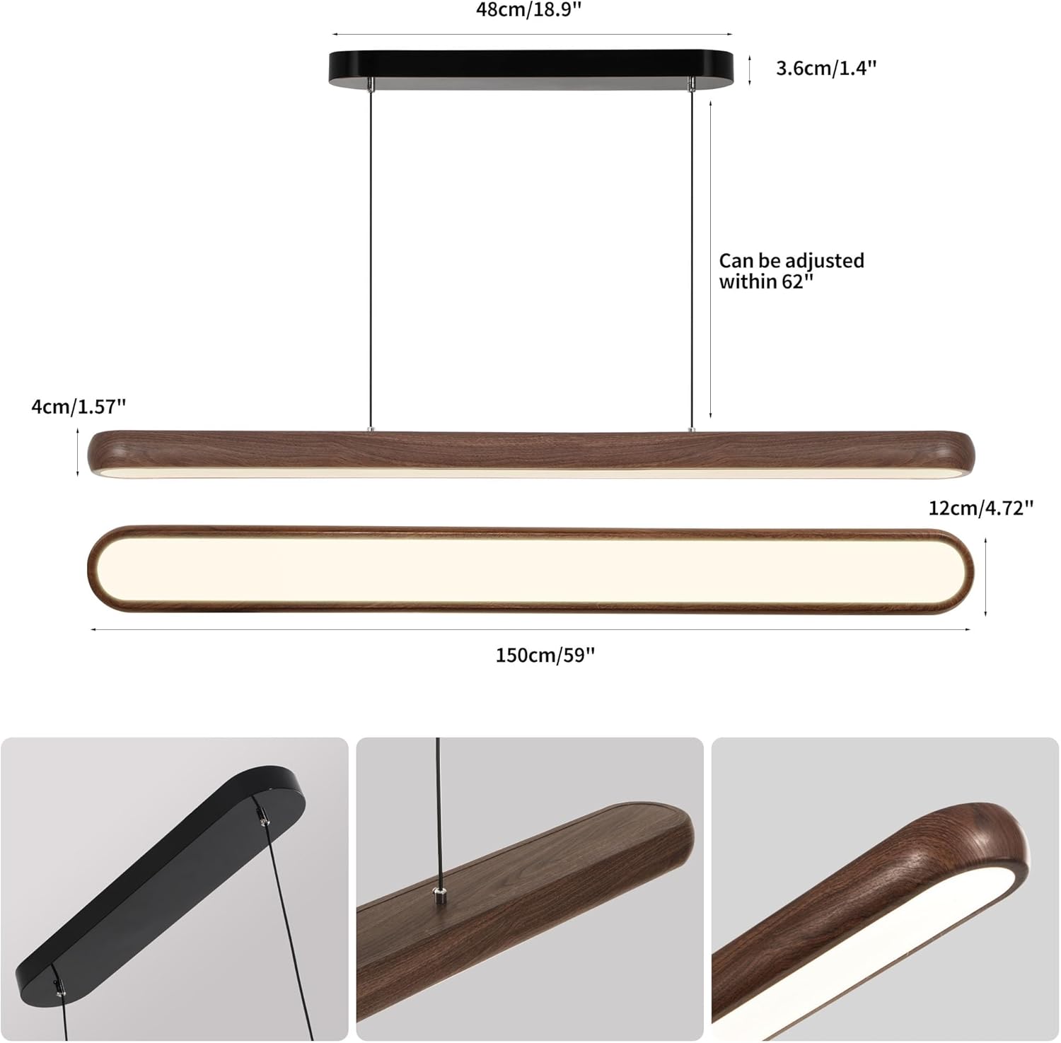 47" Wood Grain Pendant Lights Kitchen Island Lights LED Linear Hanging Light Modern Chandelier for Dining Room Table Dimmable with Remote Control & Memory Function Lighting Fixture