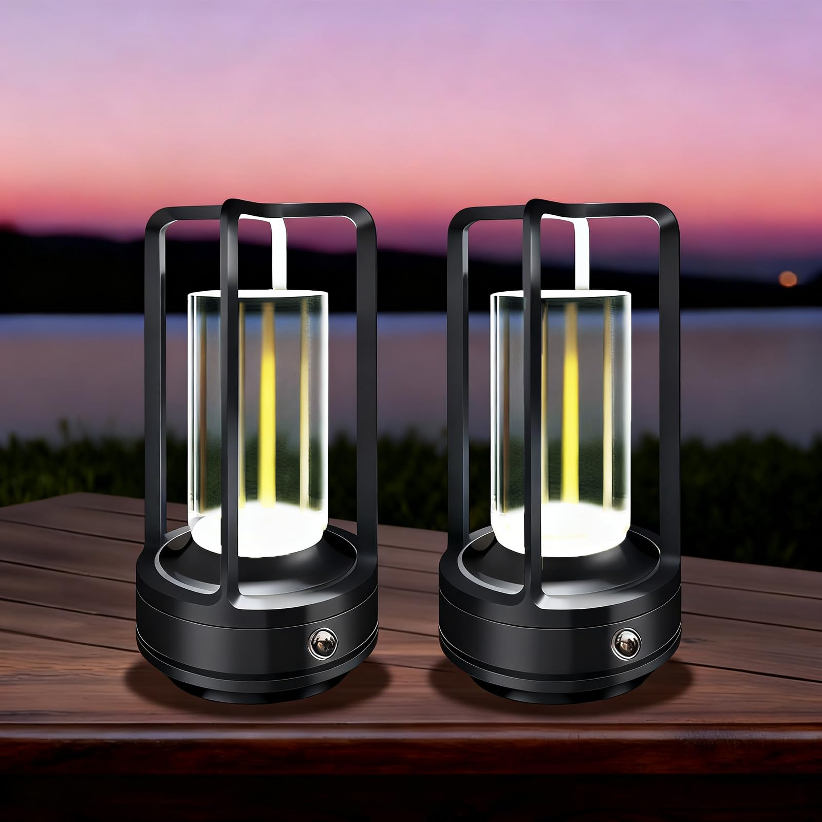 Portable Metal Table Lamp, 4000 mAh Outdoor Table Lights Rechargeable, 3 Color Stepless Dimmable Battery Operated Lamp for Patio, Camping, Bar Samll Desk Lamp for Indoor/ Outdoor (Black)