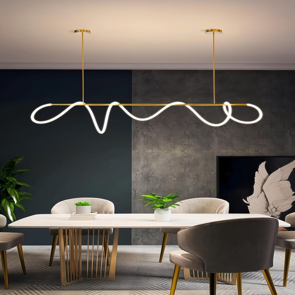 Modern Dimmable Desk Linear Pendant Light, with Remote 3 Color Mode & Brightness Ring Chandelier, 47 in Dining Room Ceiling Lamp Fixture, Gold Restaurant Kitchen Long Hose Lamp