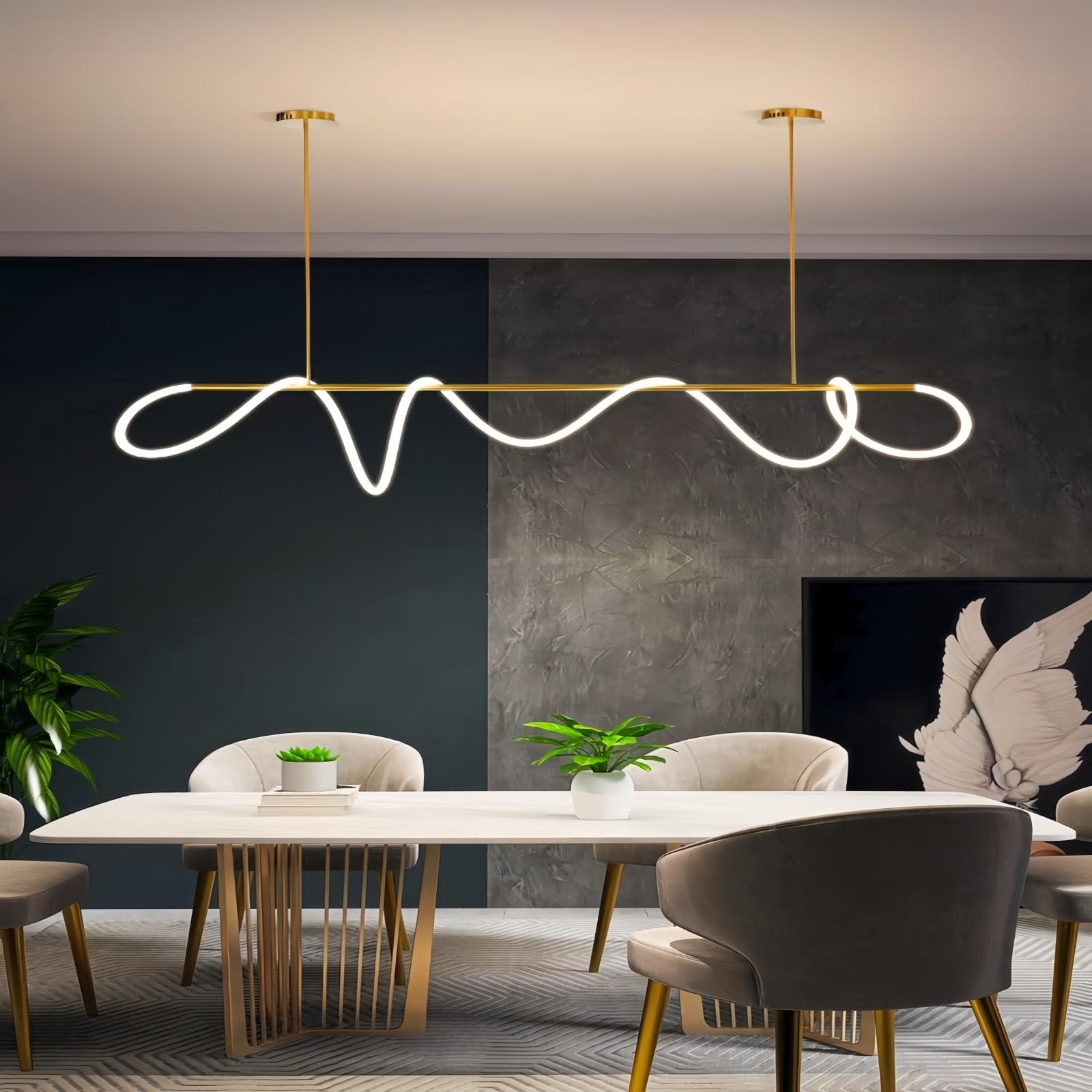 Modern Dimmable Desk Linear Pendant Light, with Remote 3 Color Mode & Brightness Ring Chandelier, 47 in Dining Room Ceiling Lamp Fixture, Gold Restaurant Kitchen Long Hose Lamp