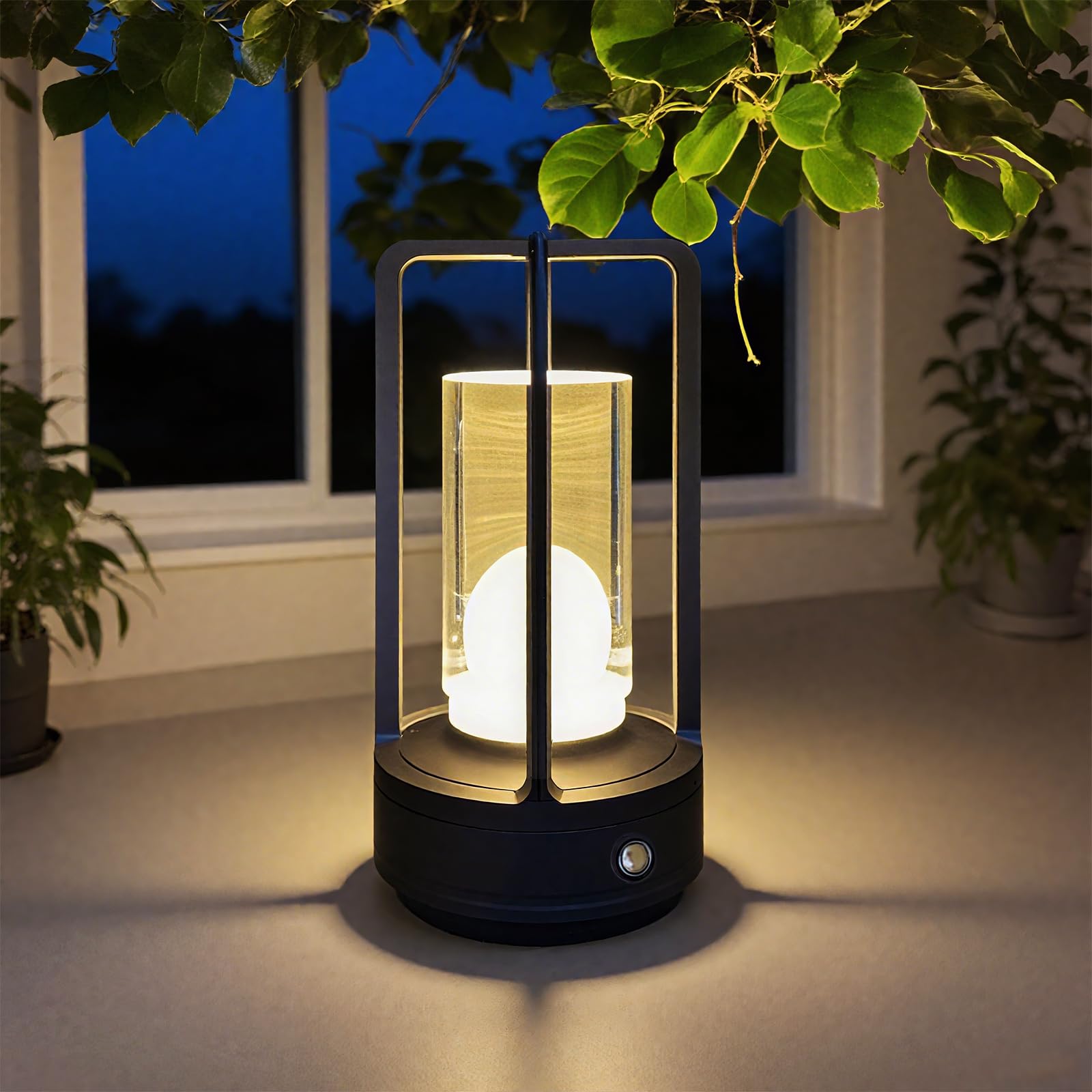 Portable Metal Table Lamp, 4000 mAh Outdoor Table Lights Rechargeable, 3 Color Stepless Dimmable Battery Operated Lamp for Patio, Camping, Bar Samll Desk Lamp for Indoor/ Outdoor (Black)