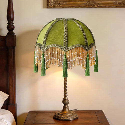 11.8 Inch vintage Lampshade With Olive Green Velvet Tassel, Victorian Fringe Lamp Shade with Beads,Handmade Scallop Bell-Shaped Replacement Shade,E26/E27 bulb base for Table Lamp & Floor Lamp(1 Pack)