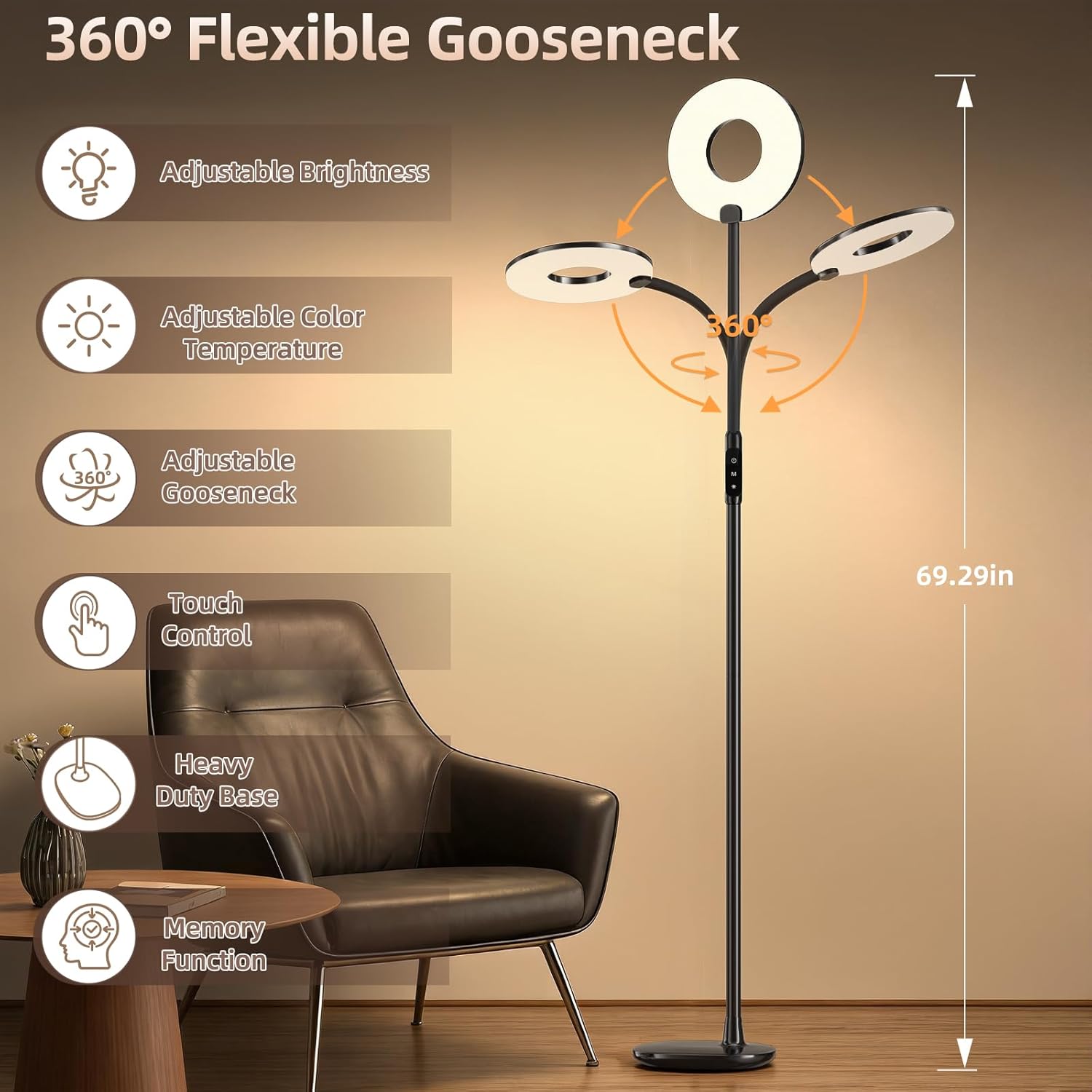 GyroVu LED Floor Lamp, 70'' Bright Reading Floor Lamps for Living Room, Dimmable & Adjustable Color Temperature, Touch Control Standing Tall Lamp, Gooseneck Floor Light for Bedroom Office, Black