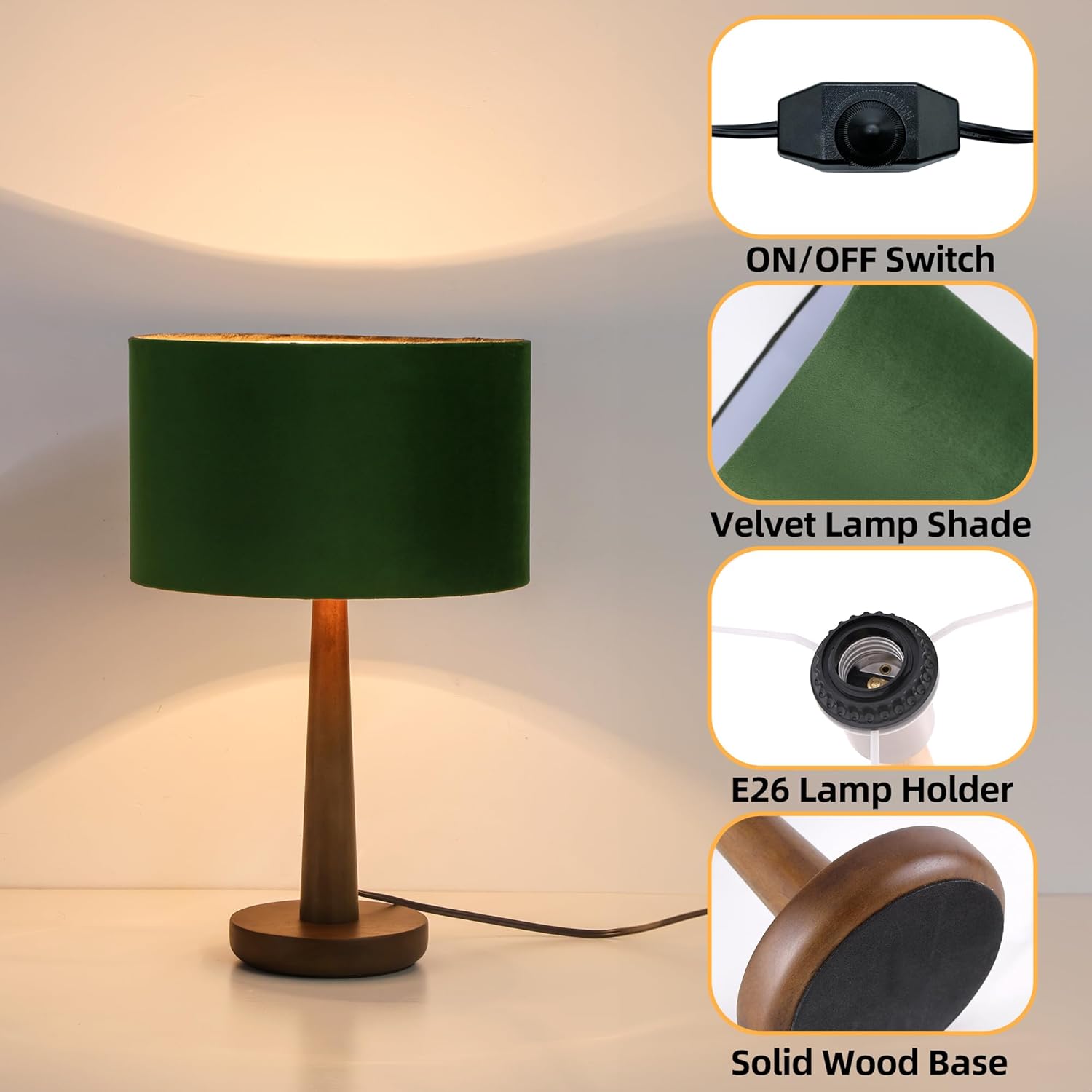 18.5" Table Lamp for Living Room, Dimmable Modern Walnut Wood Desk Lamps for Bedroom, UL Listed Nightstand Lamp, End Table Lamps for Console Entryway, Office, Dorm, Home Decor, Green Velvet Shade