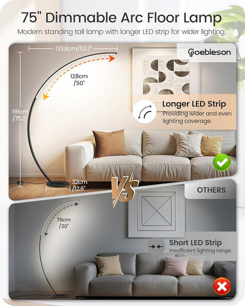 75" Dimmable LED Arc Floor Lamp | 3 Colors, Remote & Foot Control