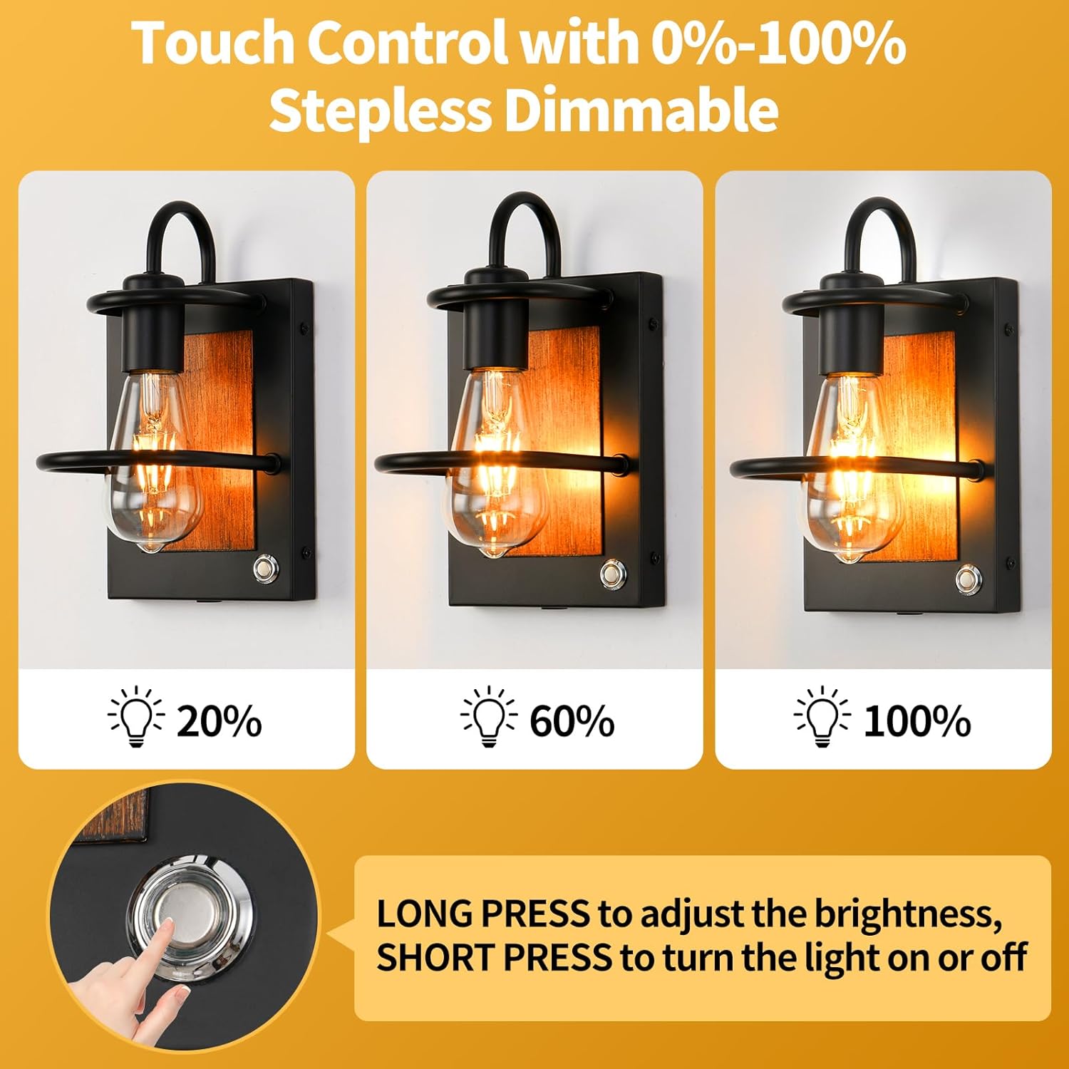 HOXIYA DIMMABLE Battery Operated Wall Sconce Set of 2, Industrial Wireless Wall Lighting Fixture, Faux-Wood Black Rechargeable Wall Lamp, Battery Powered Wall Decor for Bedroom Hallway, Bulb Included