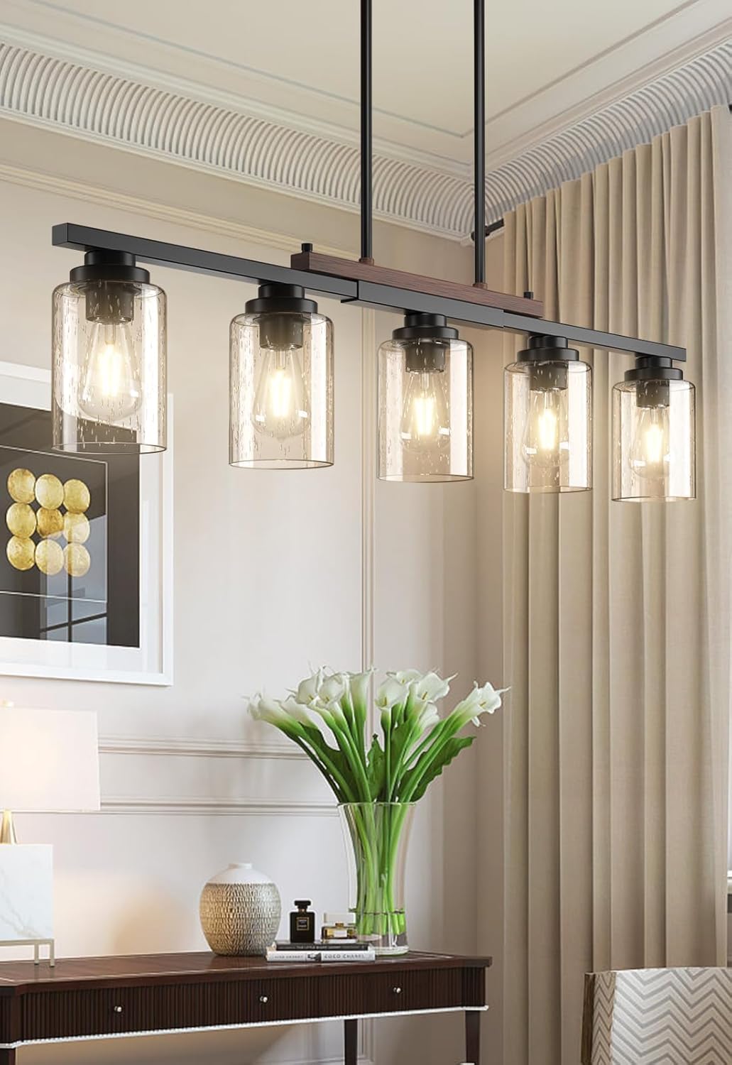 Amico Dining Room Light Fixture 5-Light Kitchen Island Lighting with Adjustable Rods, Farmhouse Decor Black Metal & Wood Chandelier with Seeded Glass Shade, Island Lights for Kitchen