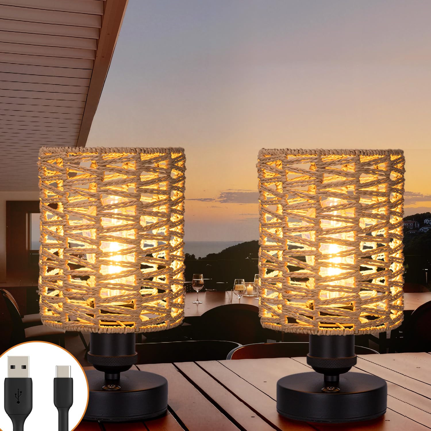 Cordless Outdoor Table Lamps, Small Rattan Boho, Rechargeable Battery Operated for Outdoor Patio, Home, Living Room, Bedroom, Bedside - Set of 2 (Black-A)