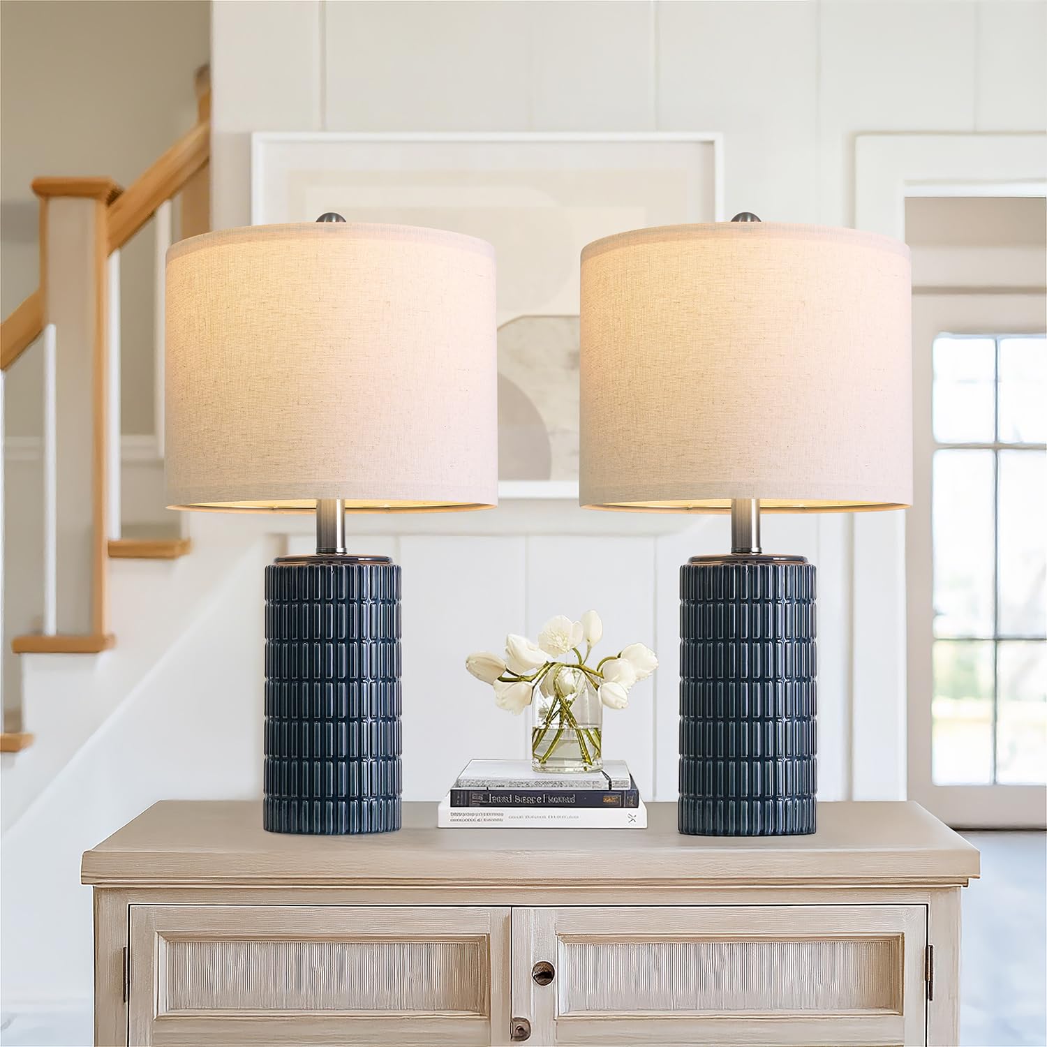 PoKat 20.75" Small Modern Ceramic Table Lamps Set of 2 for Bedroom, White Bedside Lamps for Night Stands, Farmhouse Desk Home Decor Gift Nightstand Table Lamps for Living Room End Table Beige