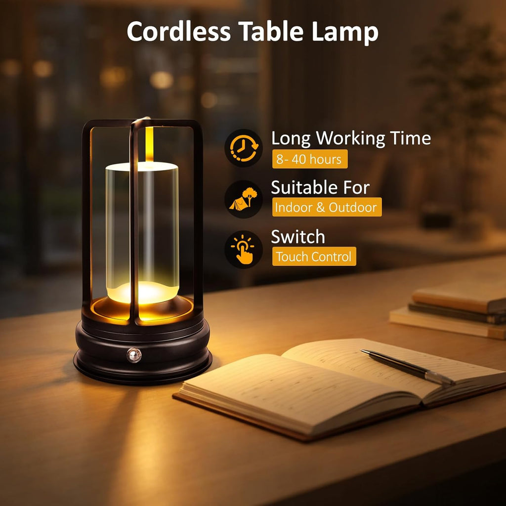 Portable Cordless Table Lamp - 2-Pack Rechargeable Table Lamp - Touch Control Lamp with 2000mAh Battery, 3000K Stepless Dimming Wireless Lamp for Bedroom, Dining Table, Counter & Living Room, Black