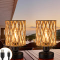 Cordless Outdoor Table Lamps, Small Rattan Boho, Rechargeable Battery Operated for Outdoor Patio, Home, Living Room, Bedroom, Bedside - Set of 2 (Black-A)