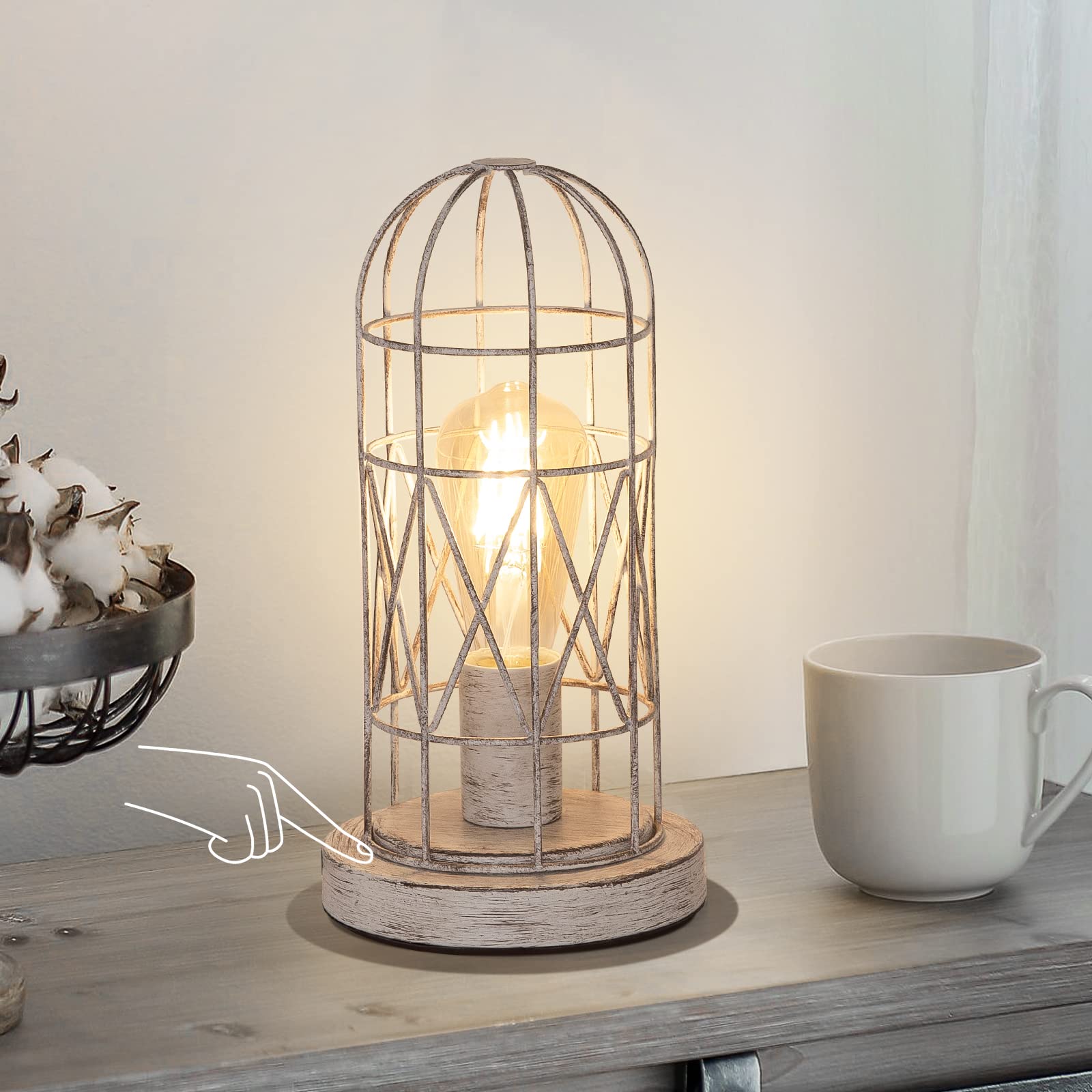 Industrial Table Lamp, Small Touch Lamp with Rustic Cage Vintage Bedside Lamp 3 Way Dimmable Nightstand Lamp Edison Desk Lamp for Bedroom, Living Room, Hallway, Entryway, Kitchen, 4W LED Bulb Included