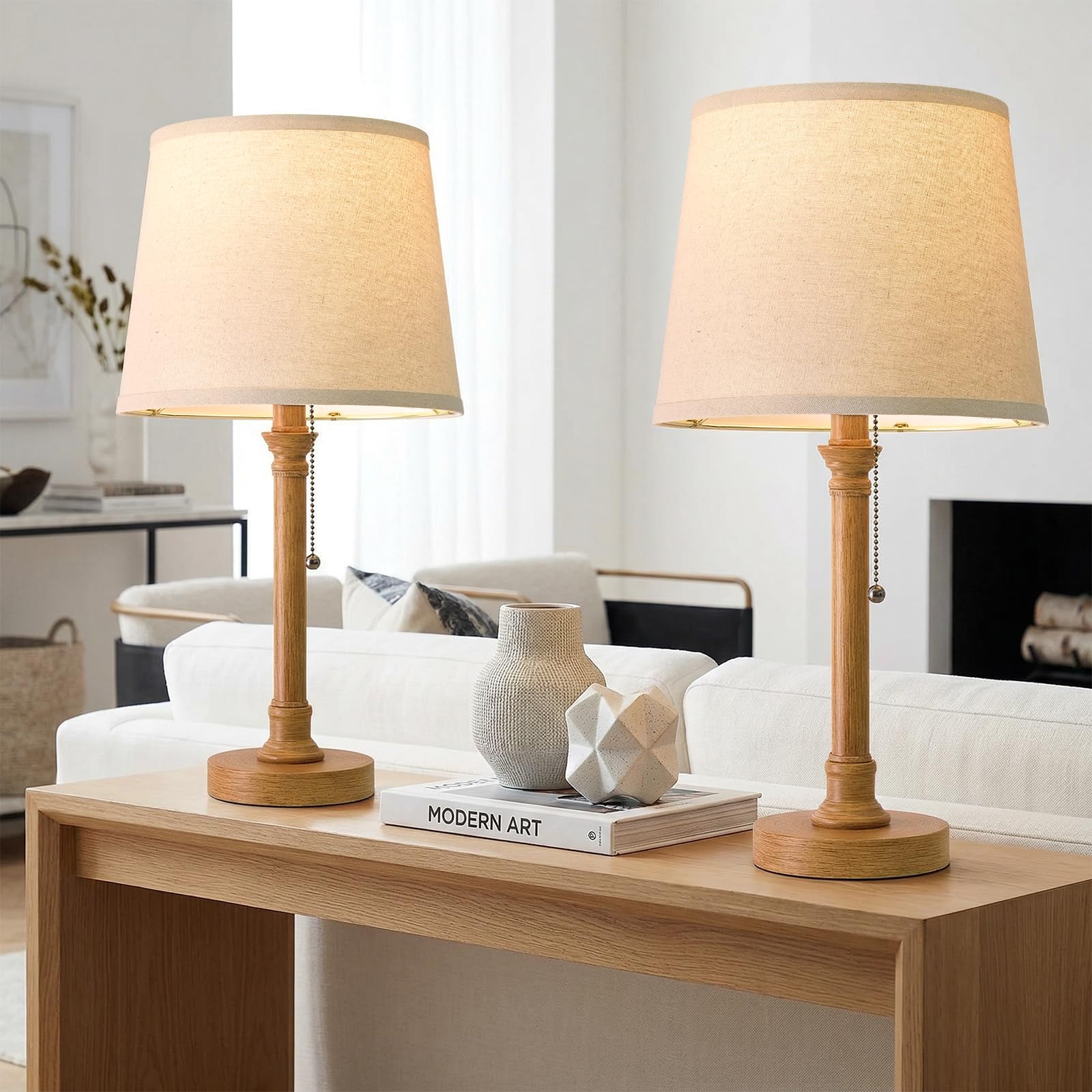 Oneach 19.5” Warm Gold Table Lamps Set of 2, Pull Chain Switch Bedside Table Lamps, Modern Nightstand Lamp with Linen Shade, Small Desk Lamp for Living Room, Bedroom, Home Office, Nursery