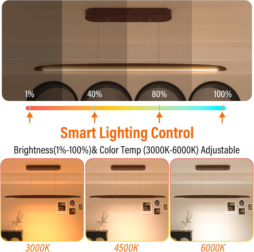 44" Wood Linear Pendant Light, LED Dimmable Island Lights for Kitchen with Remote & APP Control, 30W Adjustable CCT (3000K-6000K) for Dining Room Kitchen Island Bar