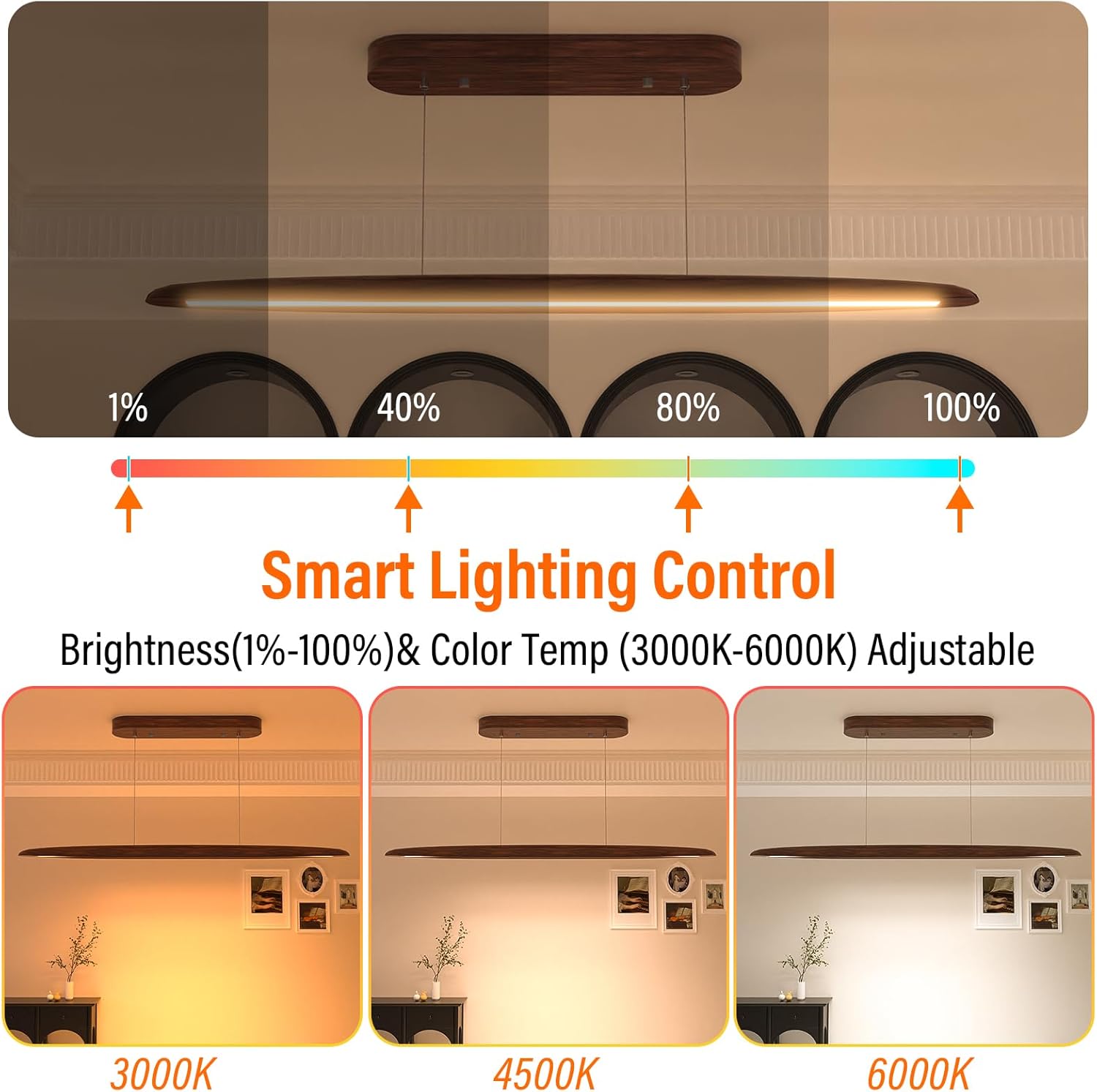44" Wood Linear Pendant Light, LED Dimmable Island Lights for Kitchen with Remote & APP Control, 30W Adjustable CCT (3000K-6000K) for Dining Room Kitchen Island Bar