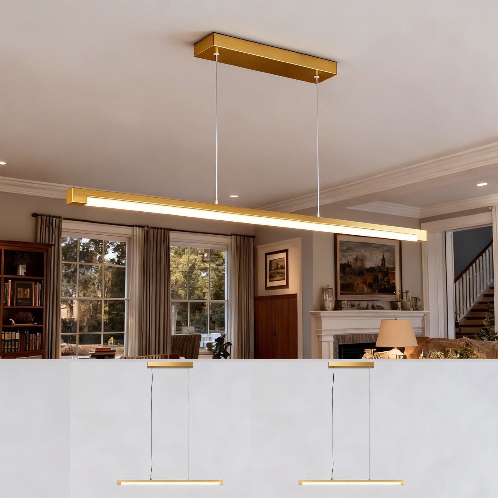 54" Linear Pendant Light Aluminum, 40W Gold Dimmable Kitchen Island Lighting with Remote & App Control, Adjustable CCT (3000K-6000K), Modern Chandelier for Home Office Dining Room Study