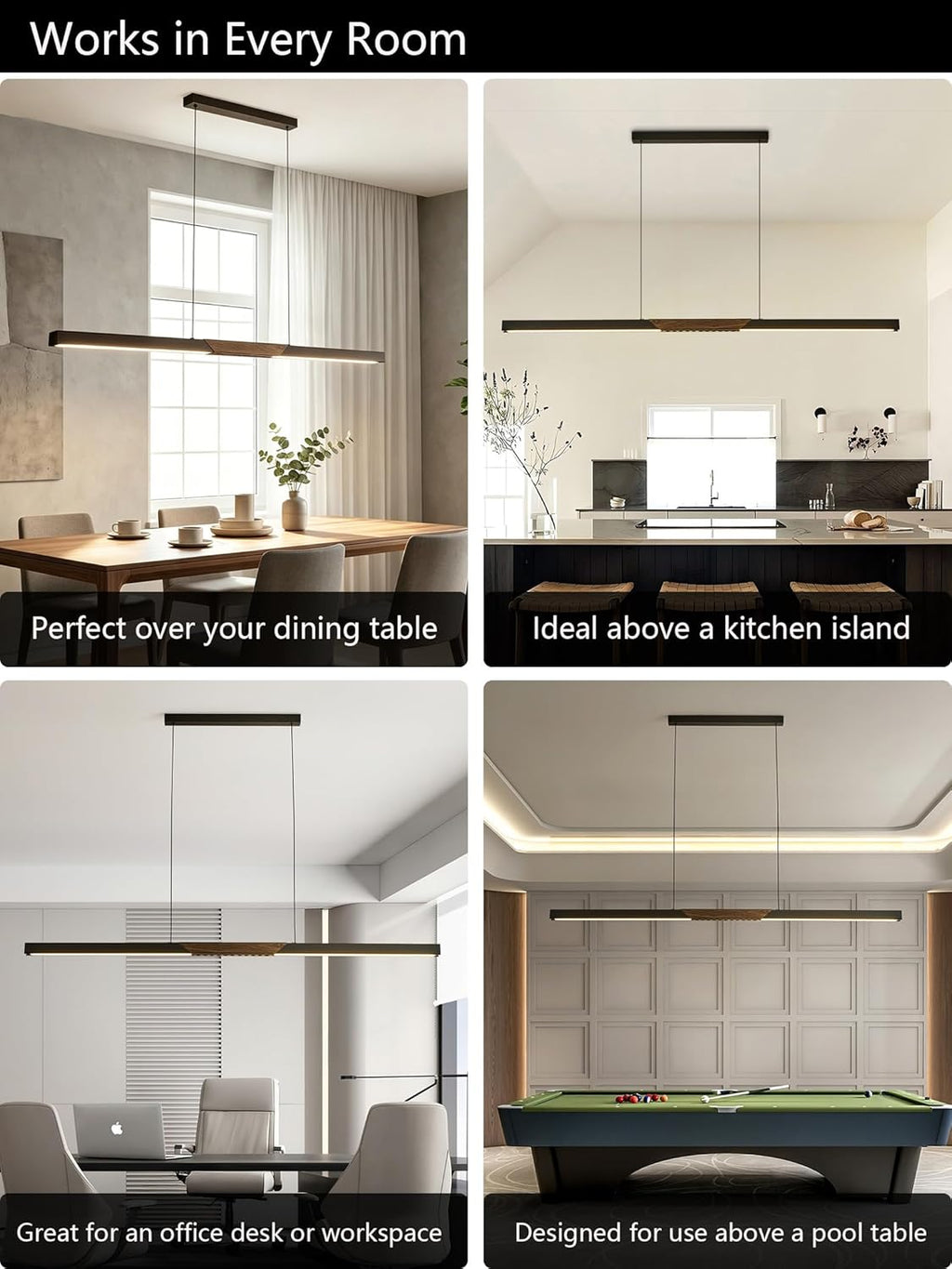94″ Black Linear Pendant Light - Dimmable High Output LED, Modern Black Finish with Walnut Wood Grain Accent, 8ft Length Perfect for Pool Table, Dining Room, Conference Room