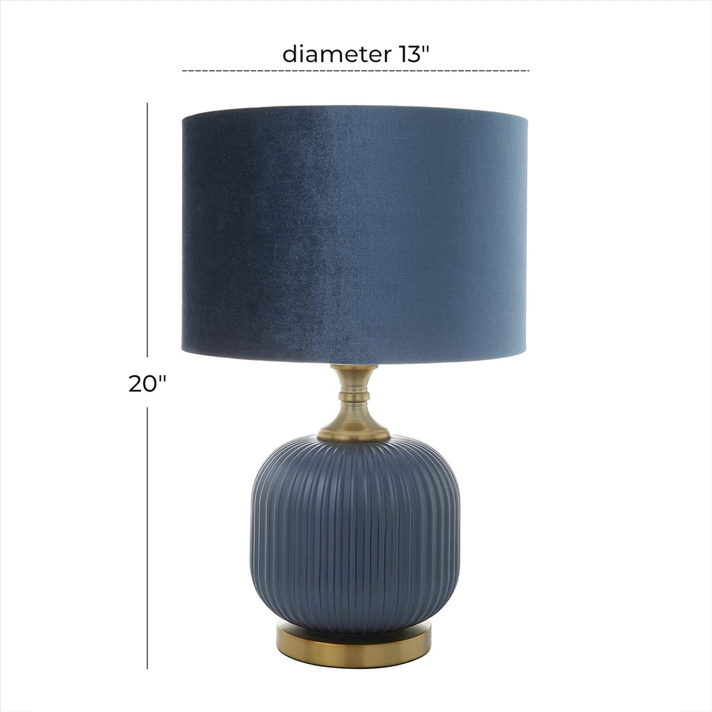 Deco 79 Fabric Room Table Lamp Ribbed Accent Lamp with Velvet Shade and Gold Accents, Lamp 13" x 13" x 20", Blue