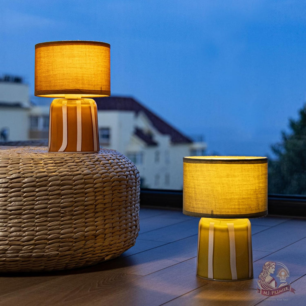 MJ PREMIER Battery Operated Lamp with Timer, Small Cordless Lamp with Glass Base, Fabric Shade Portable Table Lamp for Bedroom Living Room Bedside Home Decor (Brown)