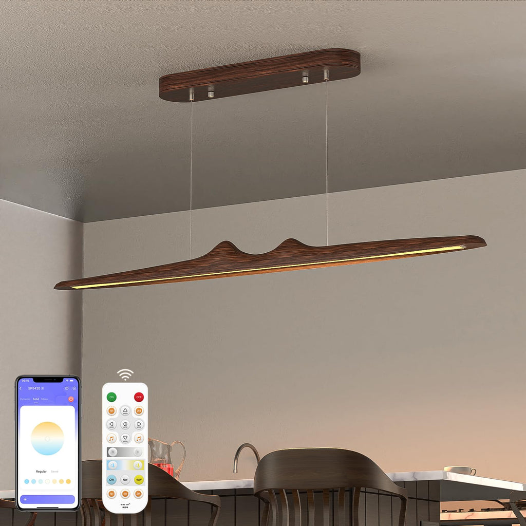 44" Wood Linear Pendant Light, LED Dimmable Island Lights for Kitchen with Remote & APP Control, 30W Adjustable CCT (3000K-6000K) for Dining Room Kitchen Island Bar