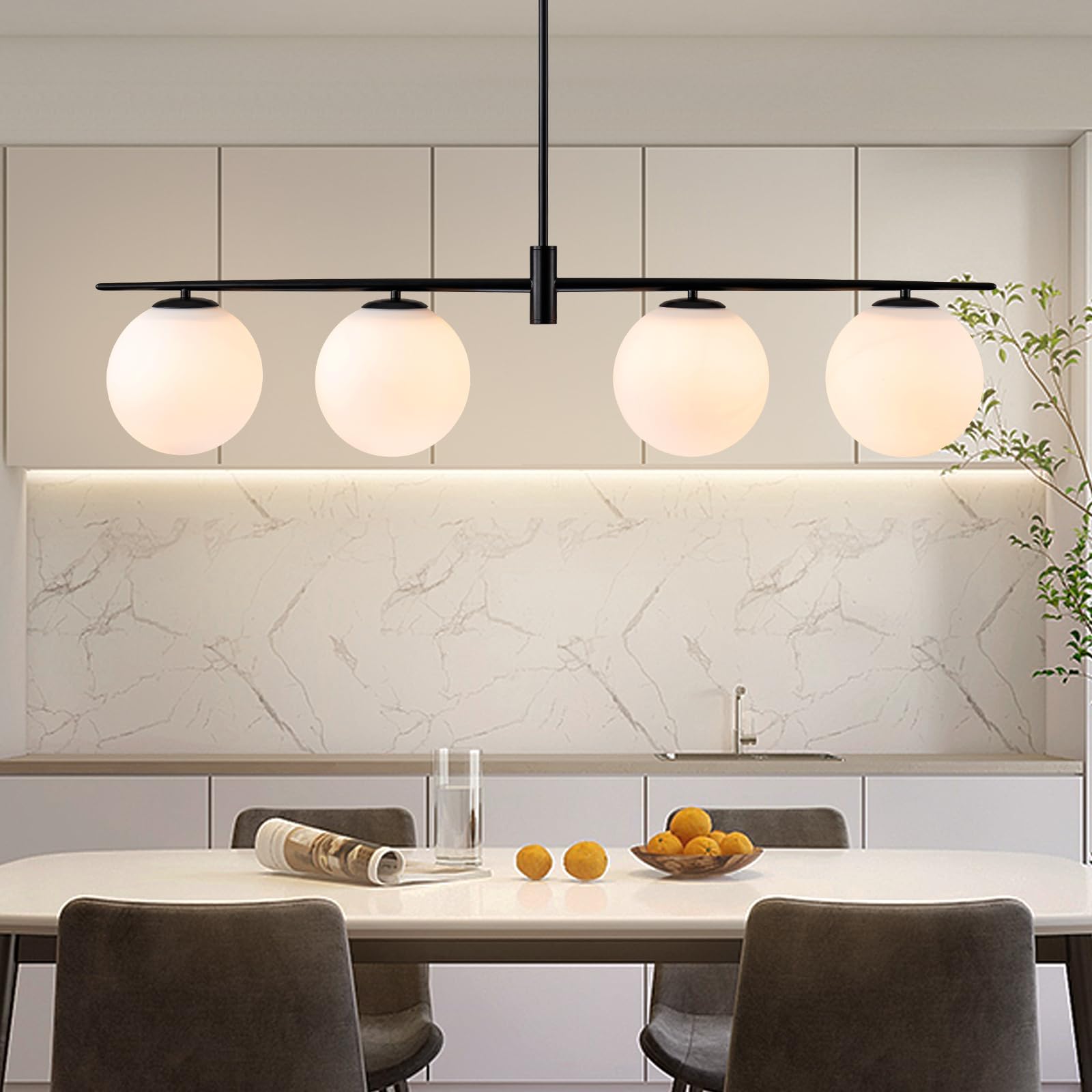 Brushed Gold 4-Light Linear Chandelier, Milk Glass Globe Dining Room Light