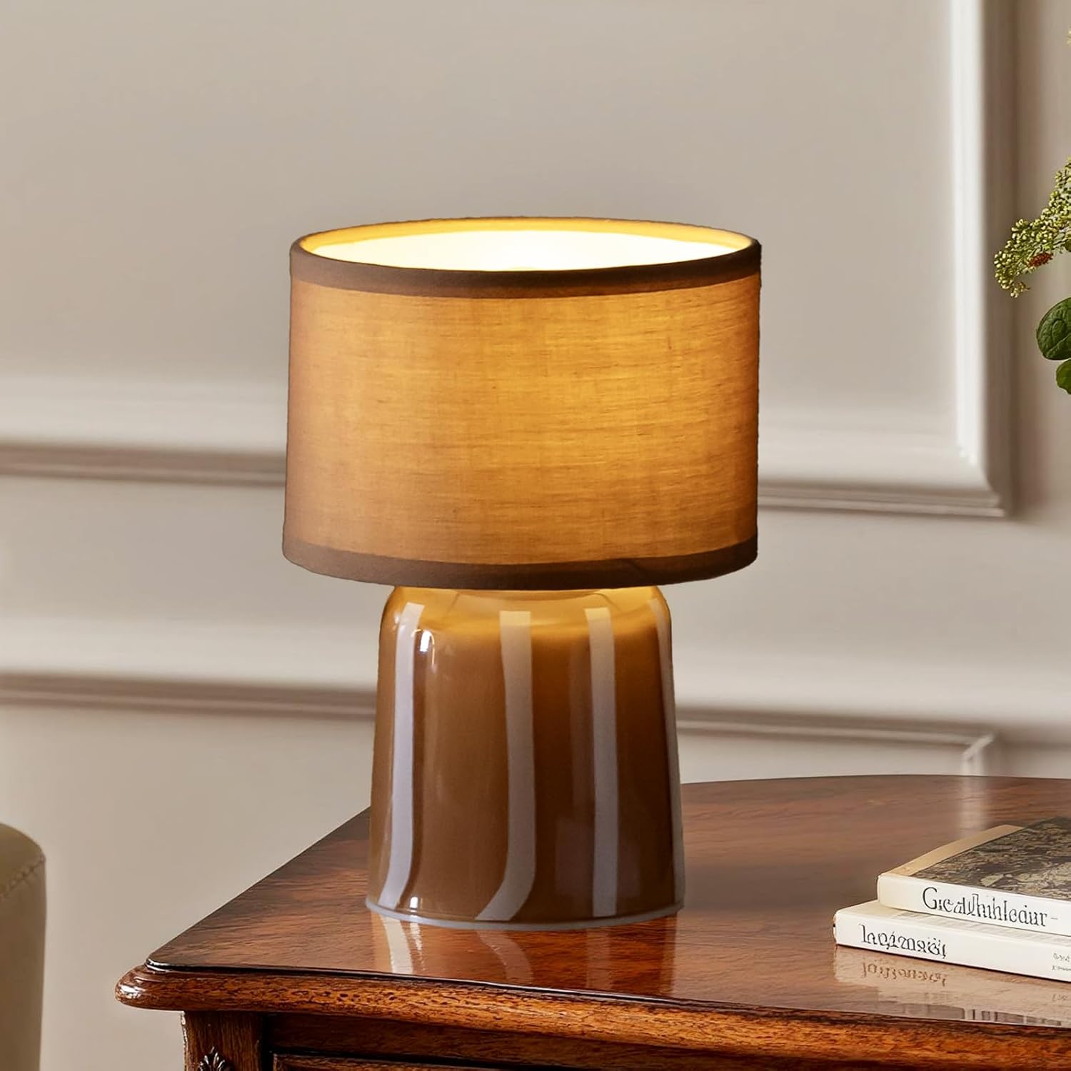 MJ PREMIER Battery Operated Lamp with Timer, Small Cordless Lamp with Glass Base, Fabric Shade Portable Table Lamp for Bedroom Living Room Bedside Home Decor (Brown)