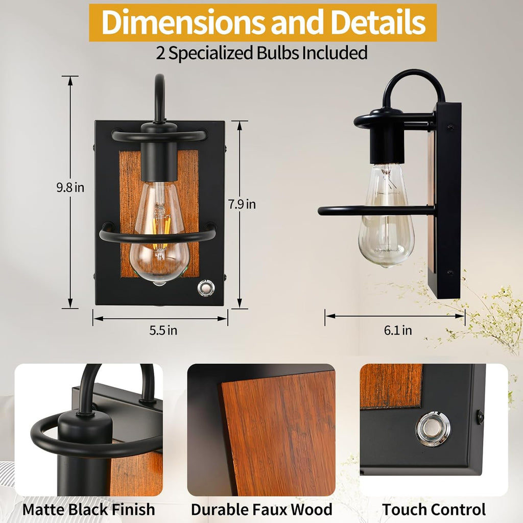 HOXIYA DIMMABLE Battery Operated Wall Sconce Set of 2, Industrial Wireless Wall Lighting Fixture, Faux-Wood Black Rechargeable Wall Lamp, Battery Powered Wall Decor for Bedroom Hallway, Bulb Included