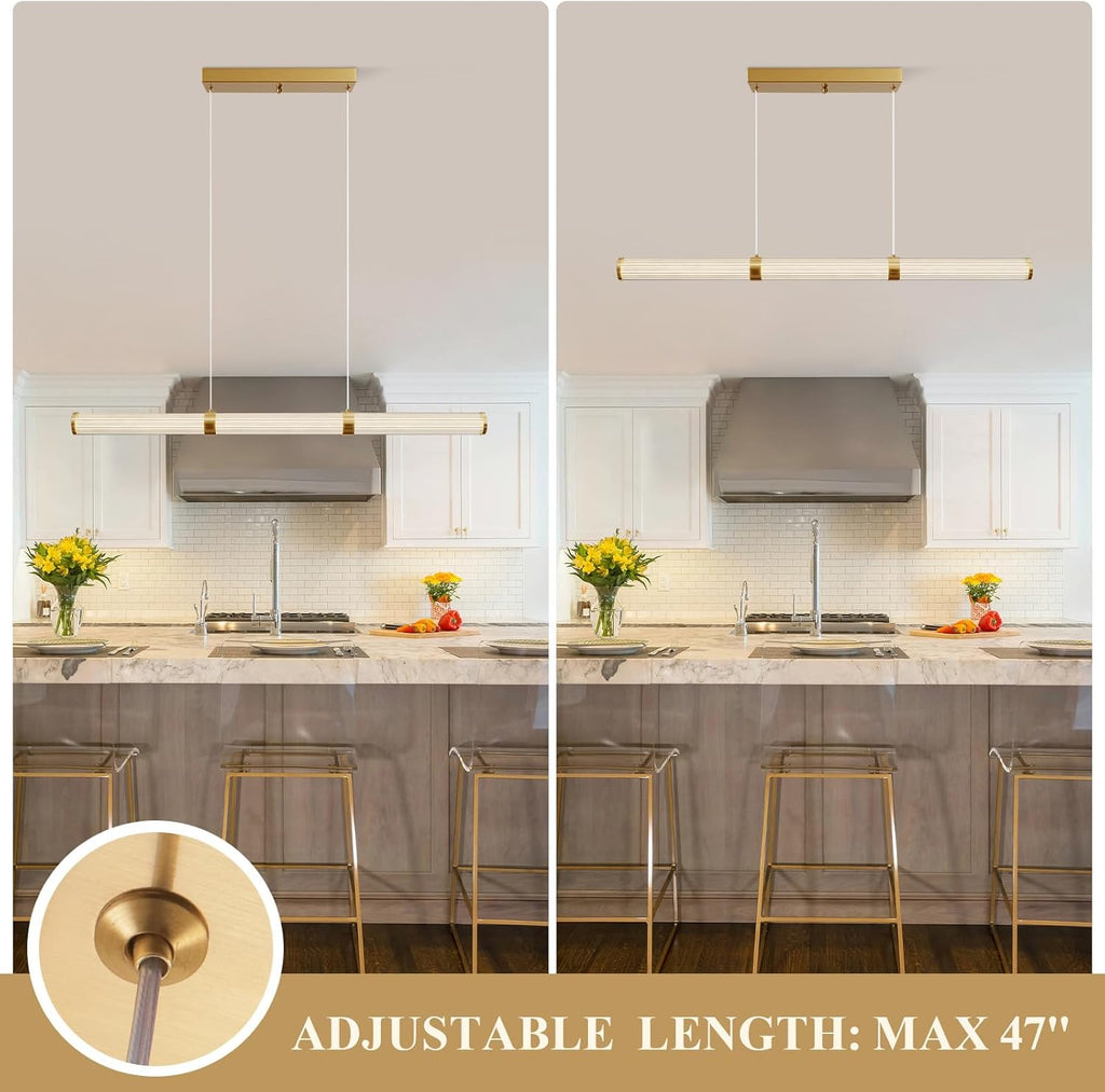 Modern Linear Chandelier Gold Linear Pendant Light Fixture, LED Dimmable Island Chandelier for Kitchen Island Lighting, Dining Room, and Living Room, Over Table Easy to Install.