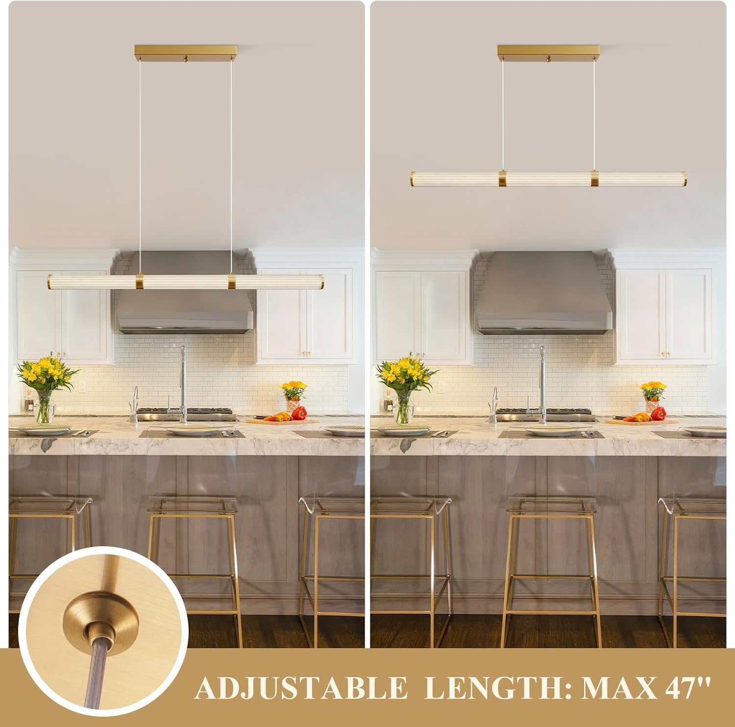 Modern Linear Chandelier Gold Linear Pendant Light Fixture, LED Dimmable Island Chandelier for Kitchen Island Lighting, Dining Room, and Living Room, Over Table Easy to Install.