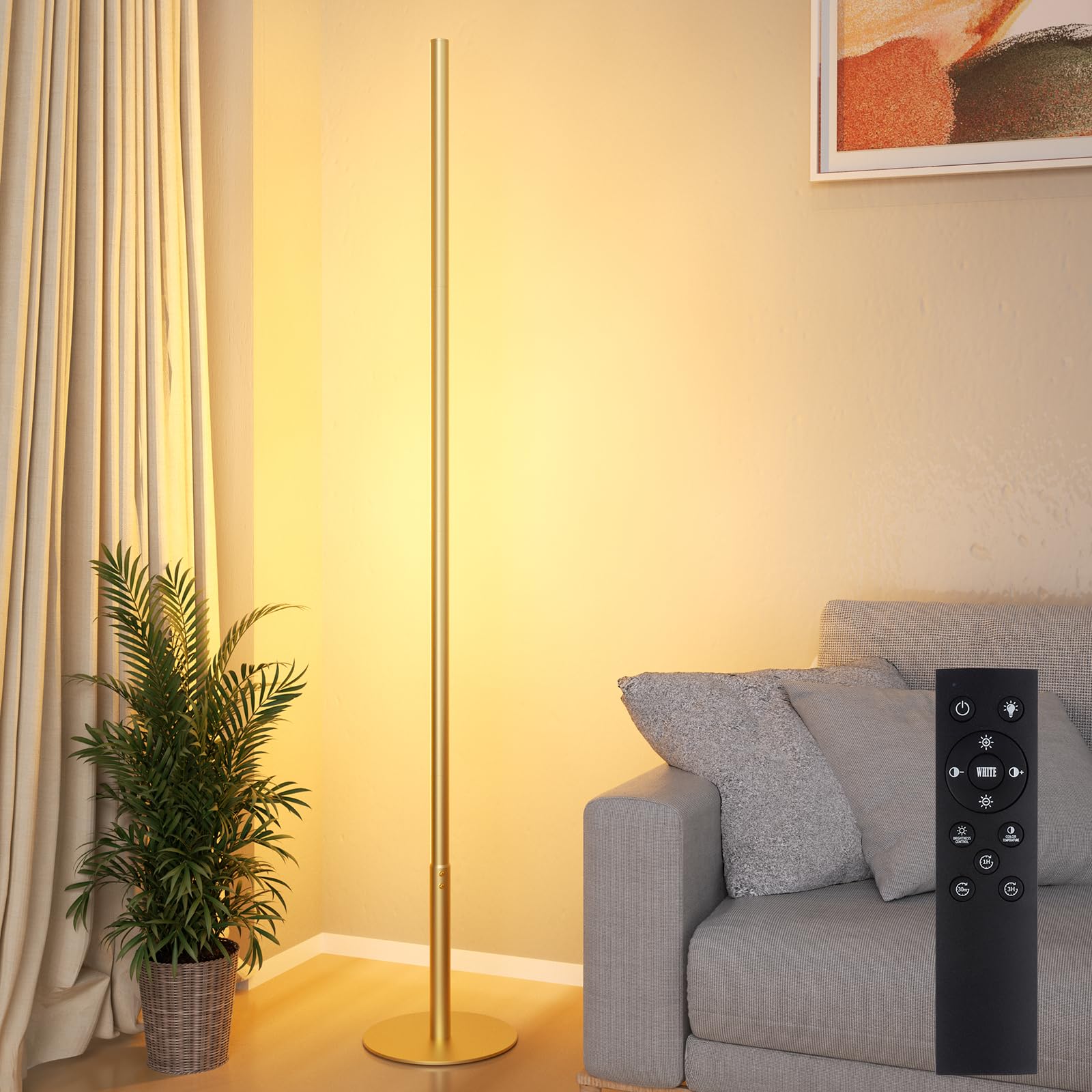 Marlrin Minimalist Corner Floor Lamp 2700K-6500K Dimmable with Remote Control 57.8" Height Metal Slim Ambient Standing LED Light Modern Design Decorative Lamp for Living Room Bedroom (Gold)