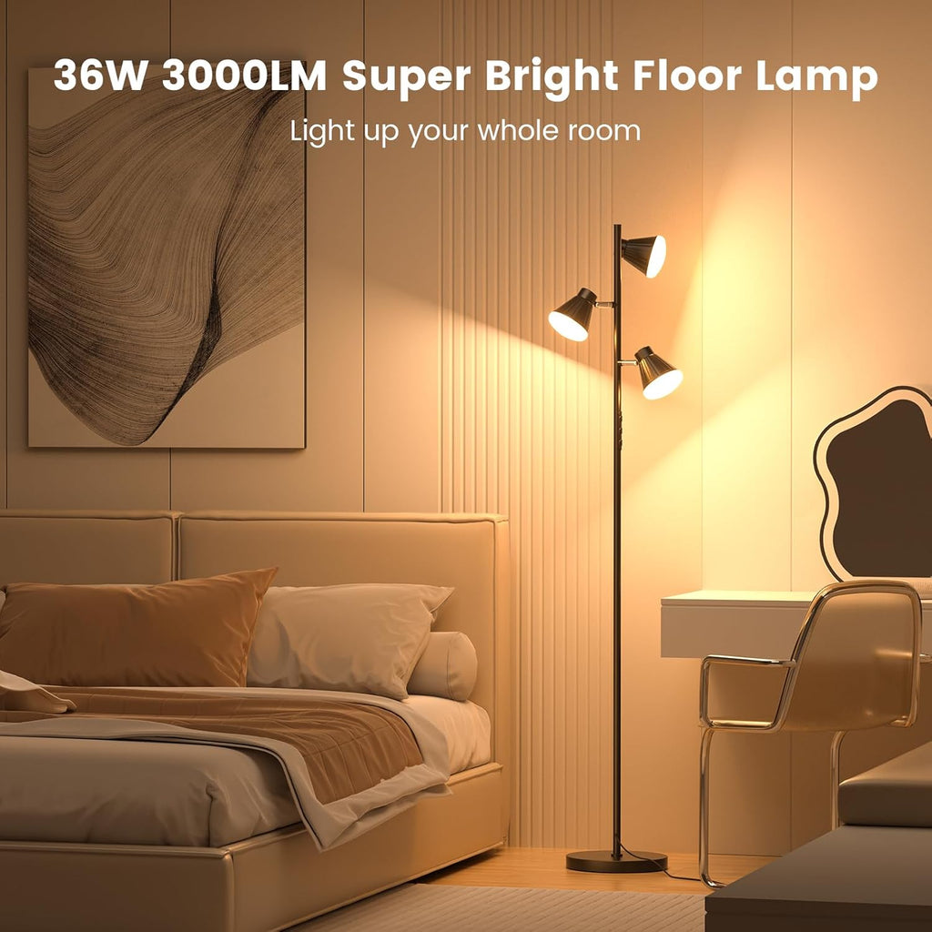 SIBRILLE 36W LED Tree Floor Lamp, Dimmable Tall Standing Lamp with Remote & Touch Control, 4 Color Temperatures Bright Floor Lamp, 3 Rotatable Light Modern Floor Lamps for Living Room Bedroom Office