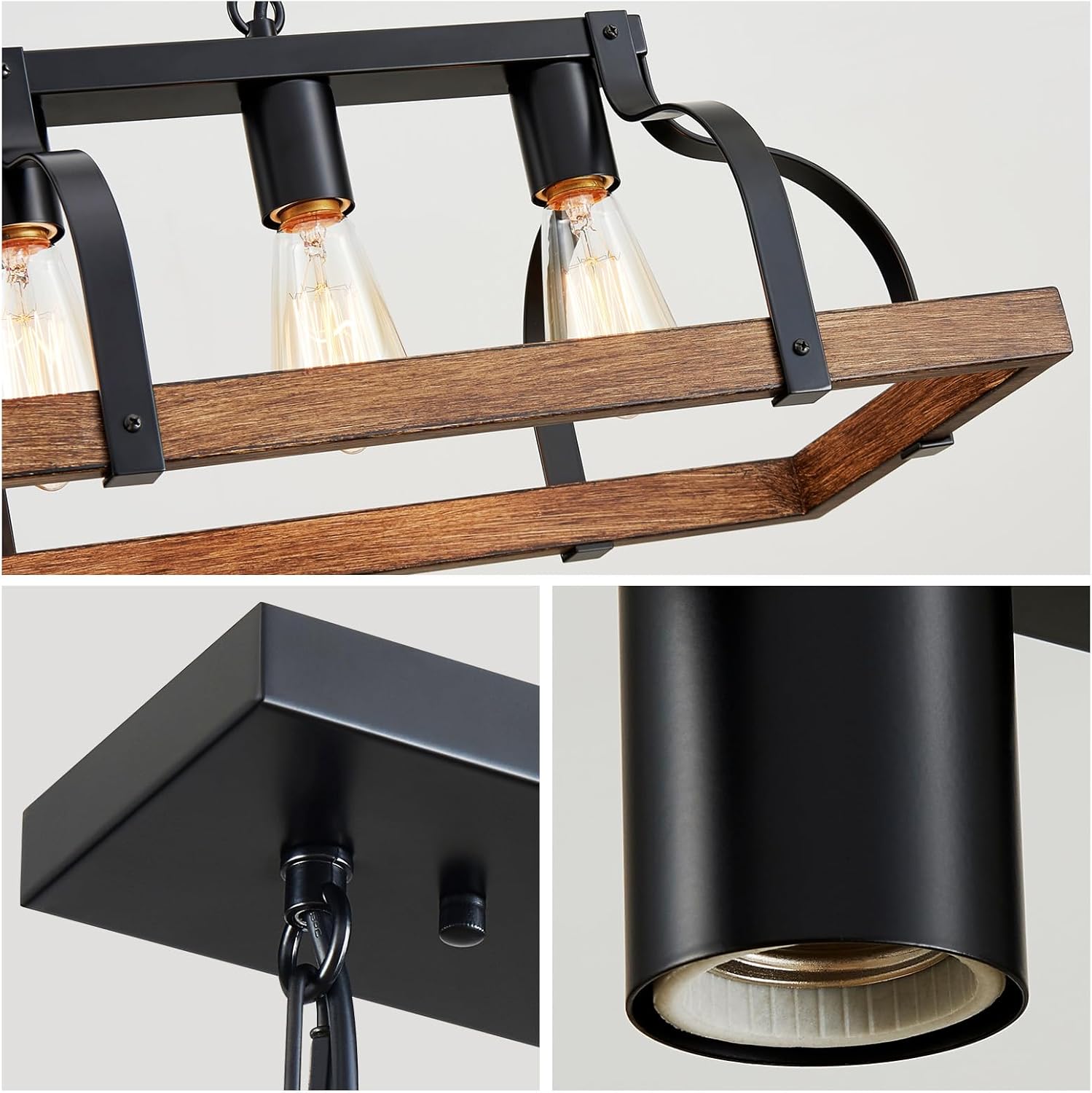 WUZUPS 5-Light Metal Chandelier Imitation Wood Grain Linear Pendant Ceiling Lighting Rustic Farmhouse Fixture Kitchen Island Dining Room, H 8.5" L 31.5" W10, E26 Base, Black & Retro Wood