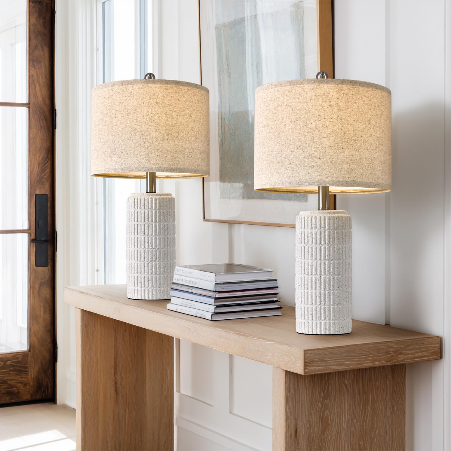 PoKat 20.75" Small Modern Ceramic Table Lamps Set of 2 for Bedroom, White Bedside Lamps for Night Stands, Farmhouse Desk Home Decor Gift Nightstand Table Lamps for Living Room End Table Beige