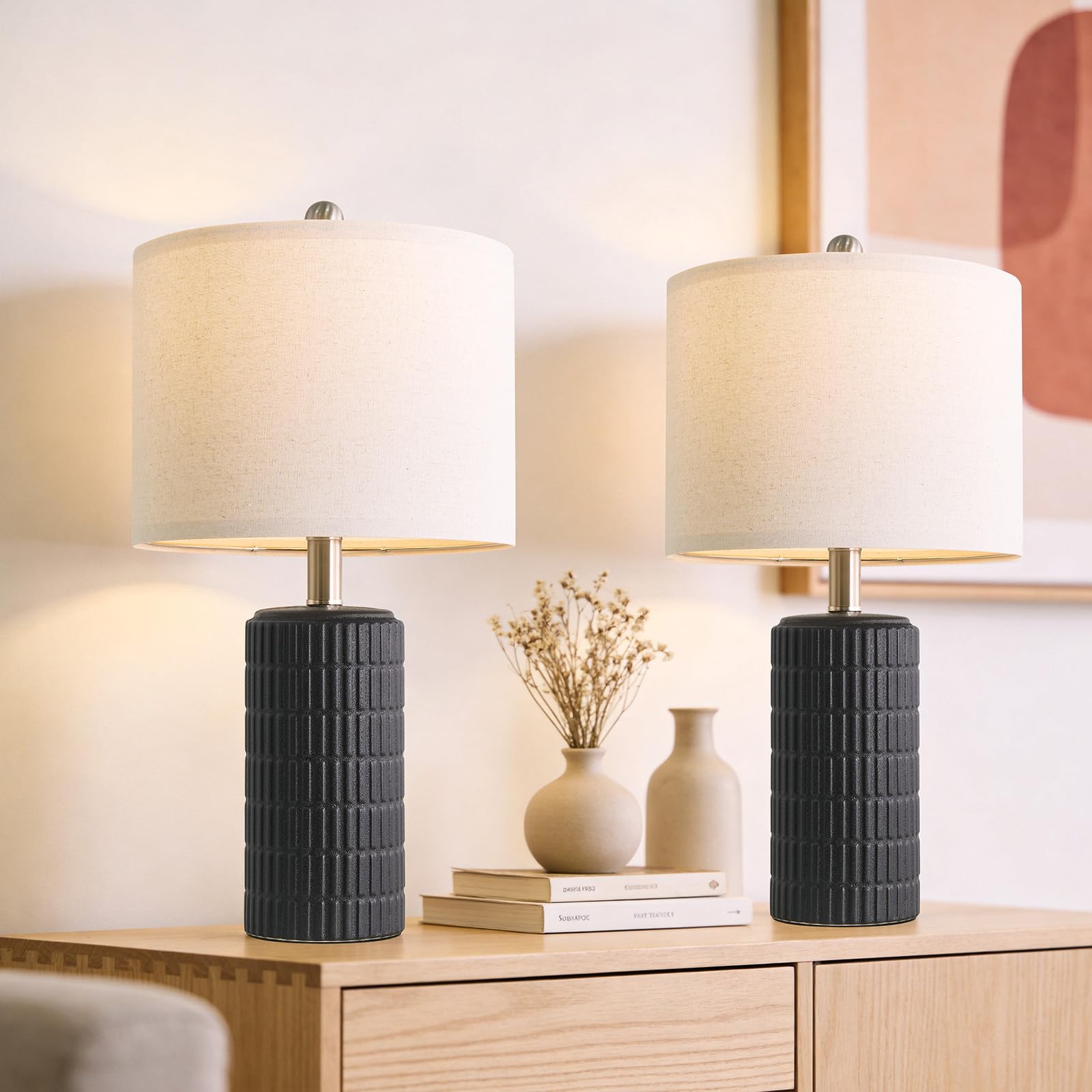 PoKat 20.75" Small Modern Ceramic Table Lamps Set of 2 for Bedroom, White Bedside Lamps for Night Stands, Farmhouse Desk Home Decor Gift Nightstand Table Lamps for Living Room End Table Beige