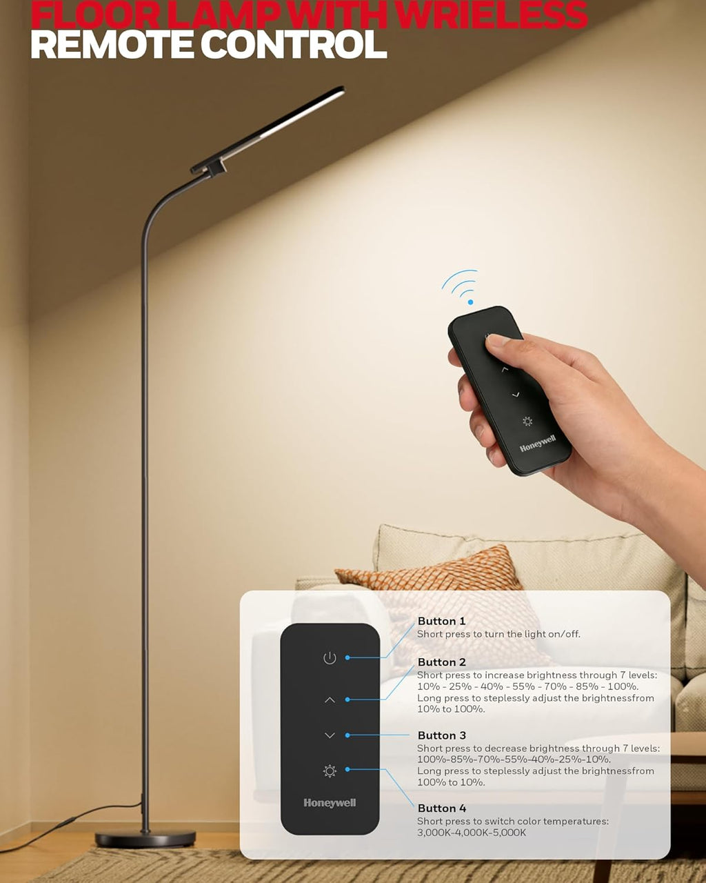 Honeywell LED Floor Lamp for Reading, CRI97 Full Spectrum Gooseneck Floor Lamp with Remote, Eye-Caring Dimmable Standing Task Light, 3 Color Temperatures, 77.5" Tall for Living Room Bedroom Office
